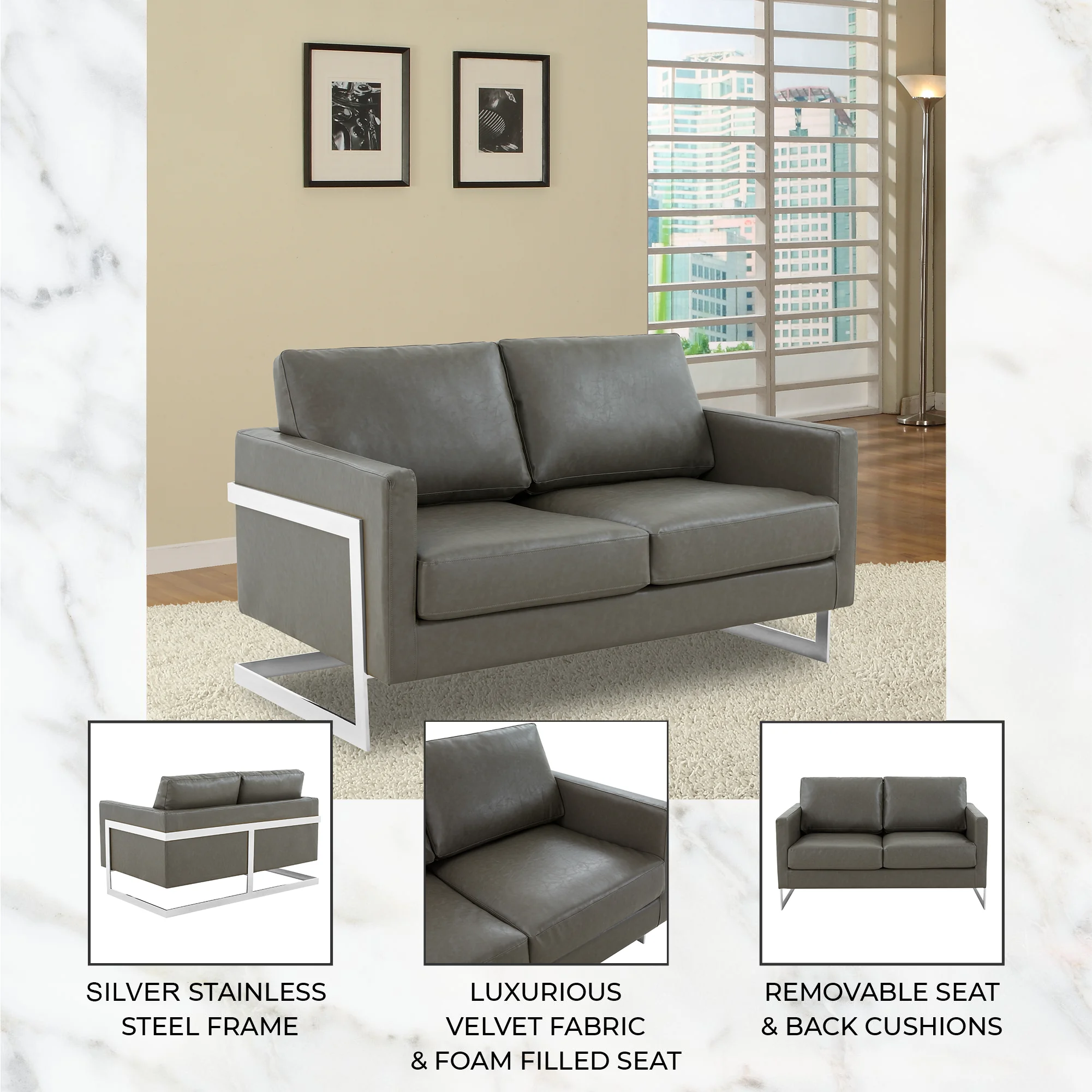 Lincoln Grey Leather Loveseat With Chromed Frame