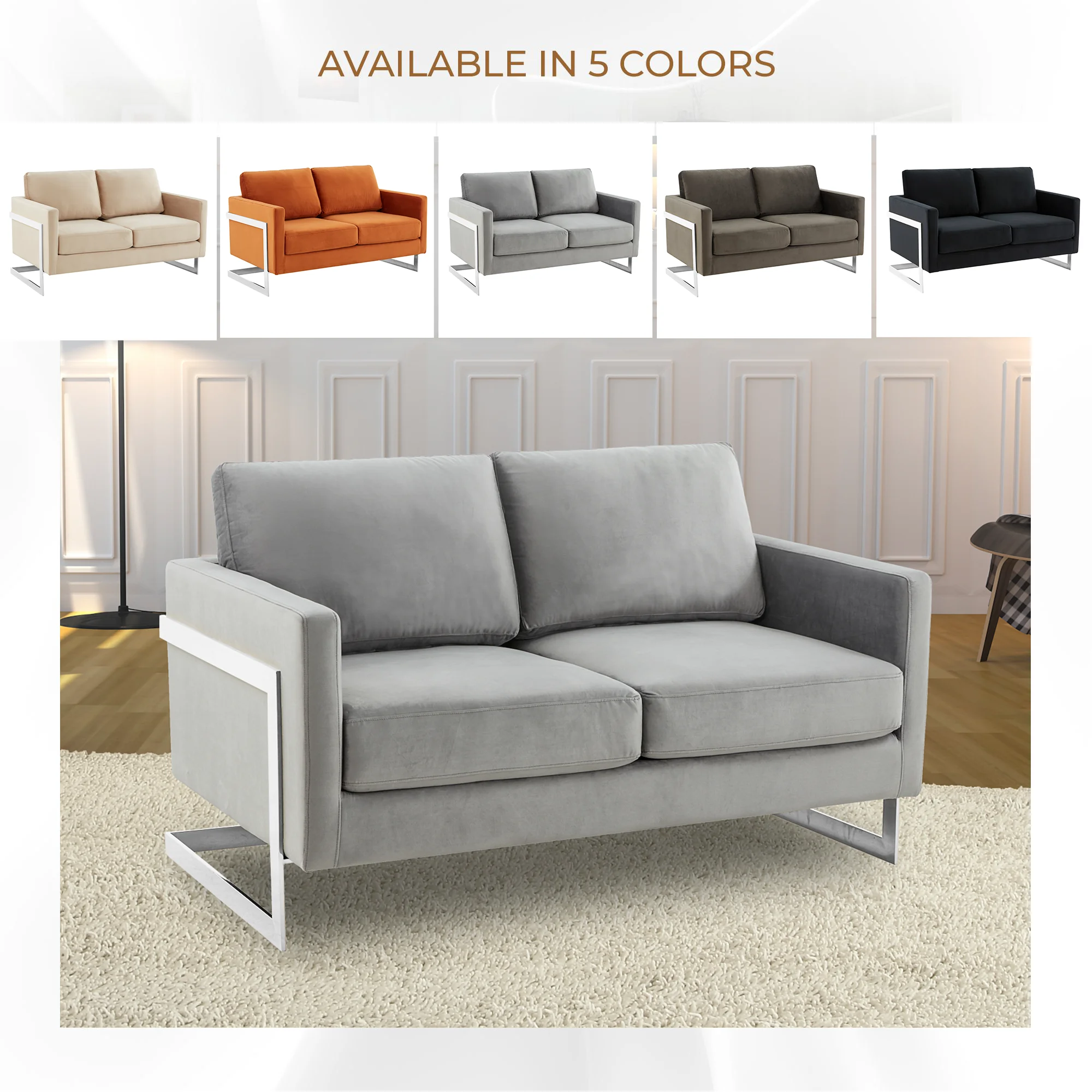 Lincoln Light Grey Velvet Loveseat With Chromed Frame