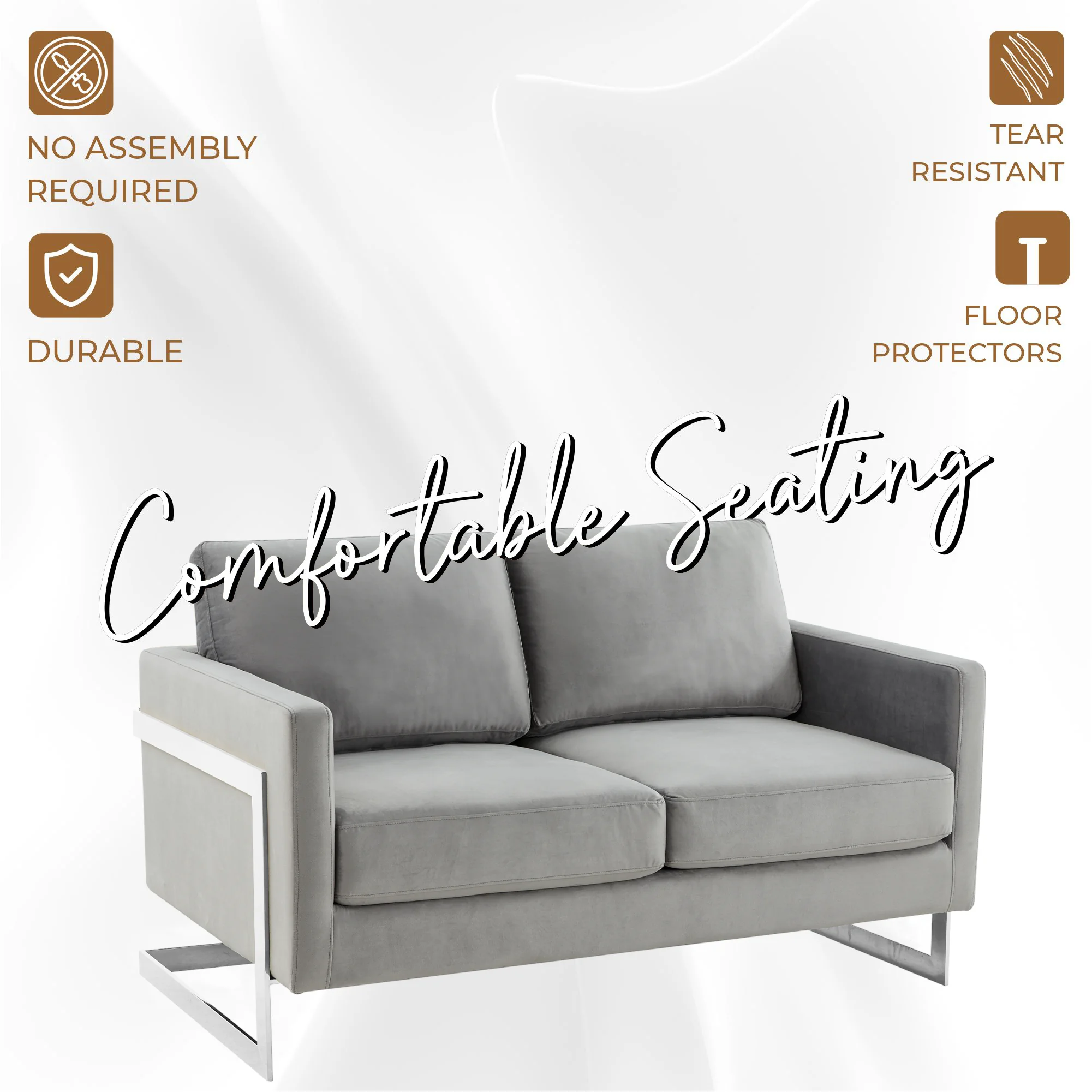 Lincoln Light Grey Velvet Loveseat With Chromed Frame