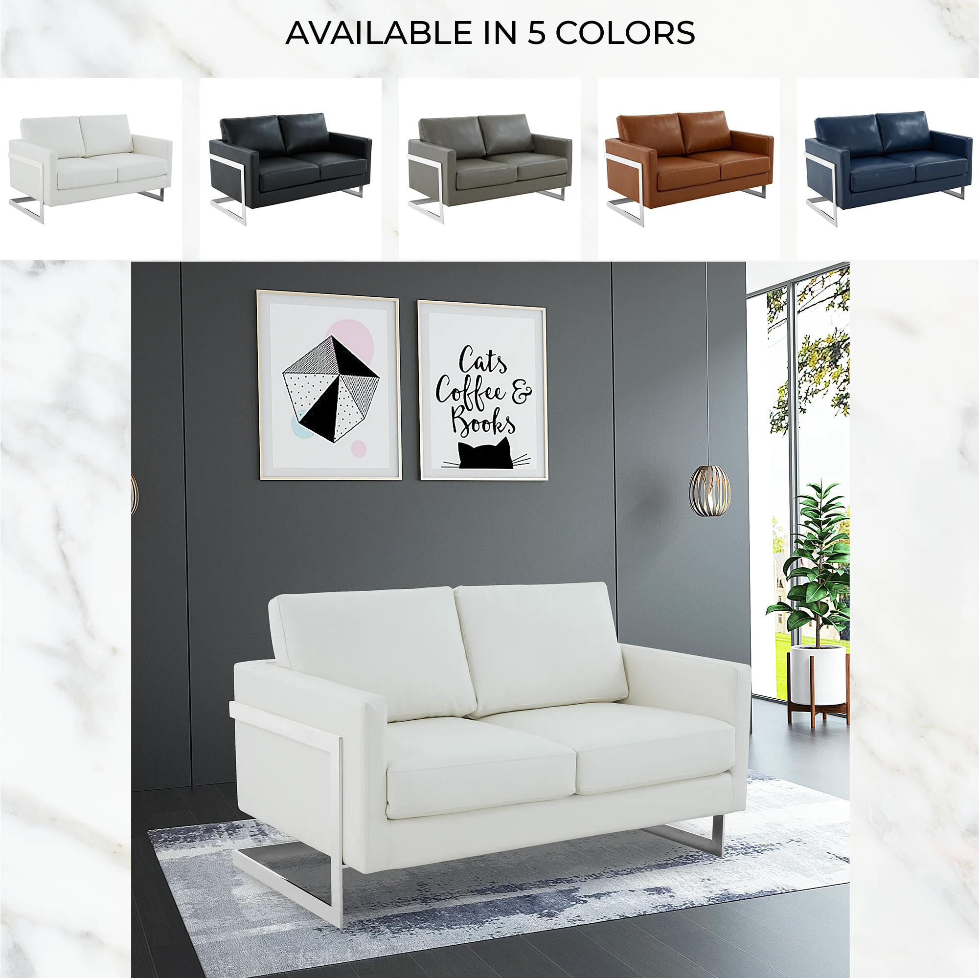 Lincoln White Leather Loveseat With Chromed Frame