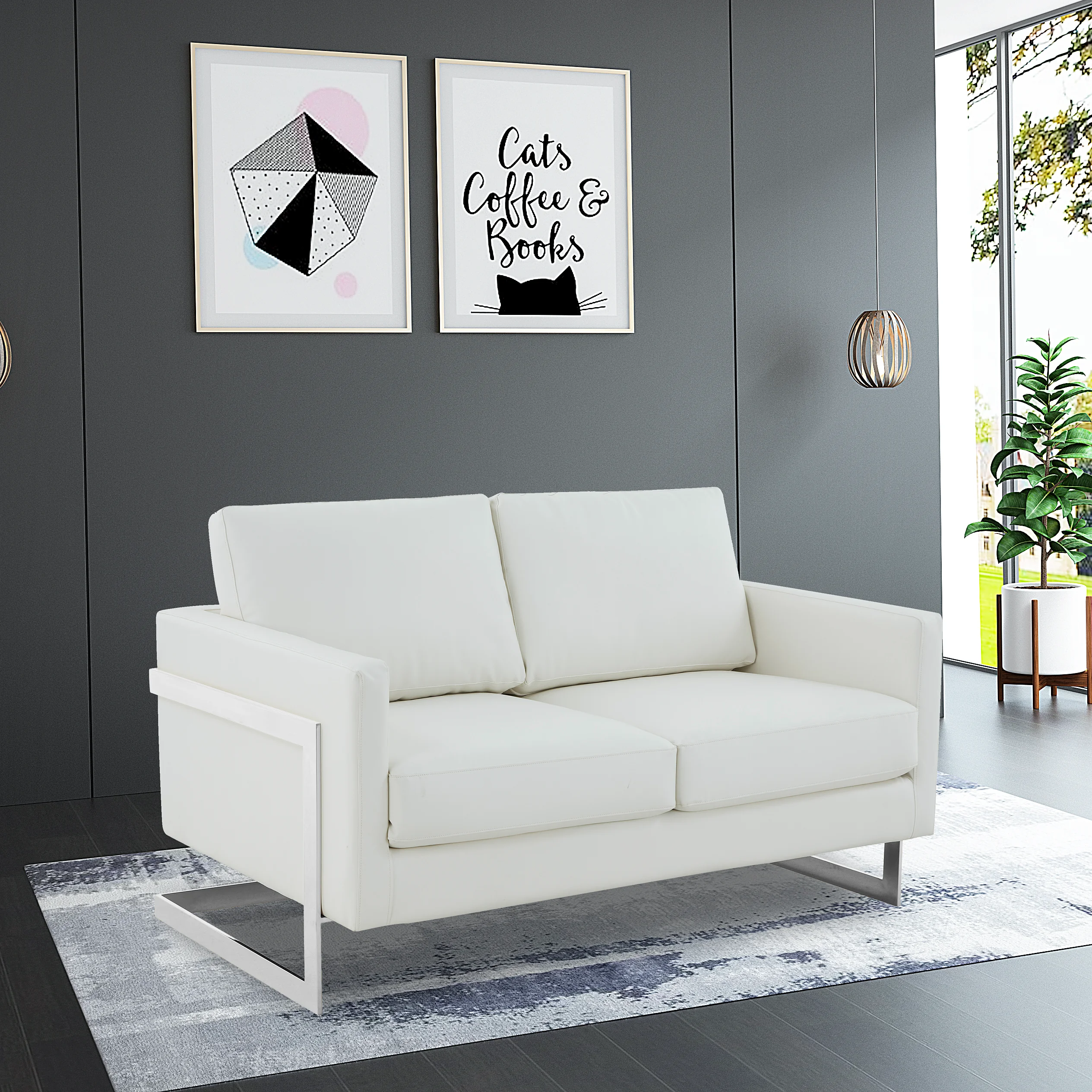 Lincoln White Leather Loveseat With Chromed Frame