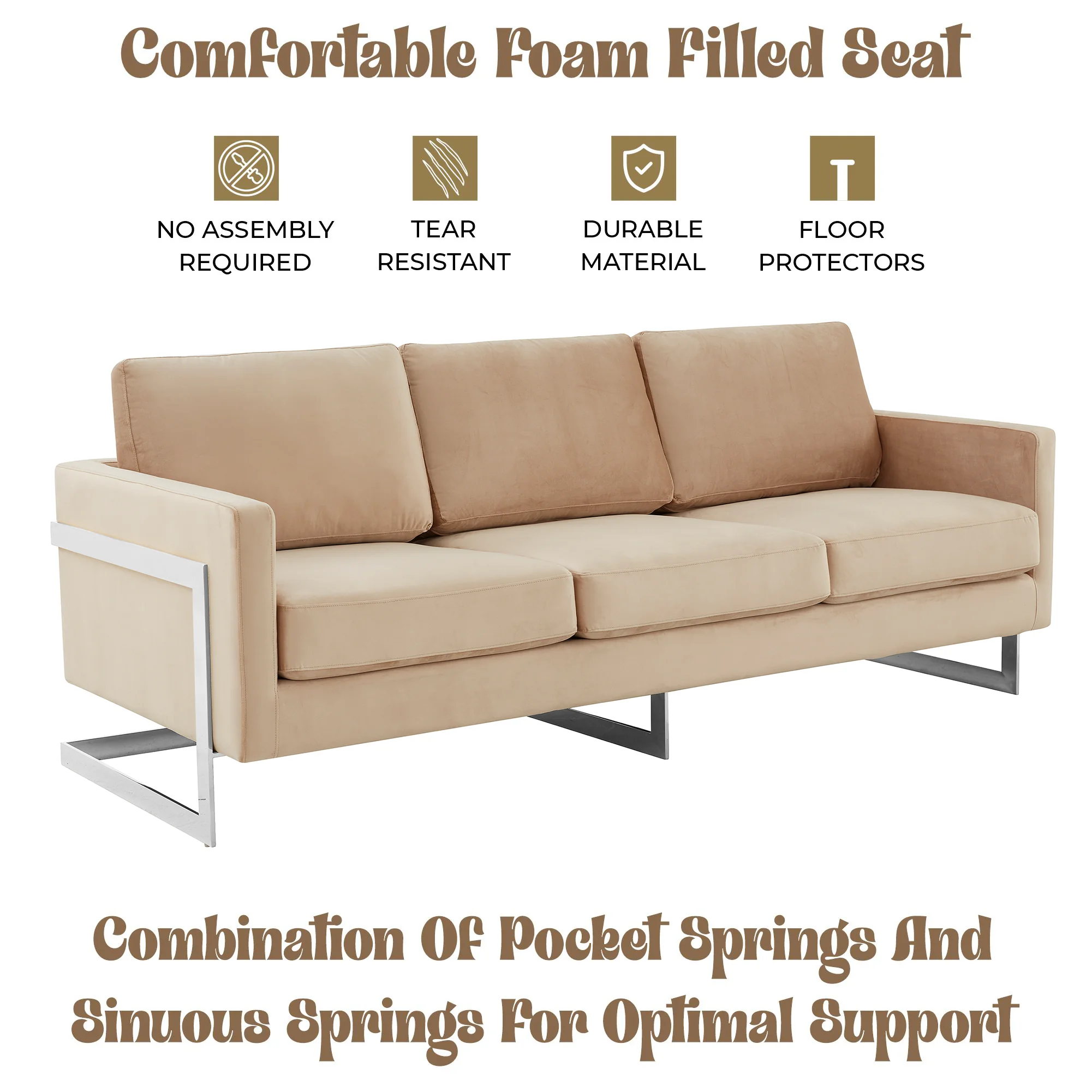 Lincoln Beige Velvet Sofa With Chromed Frame