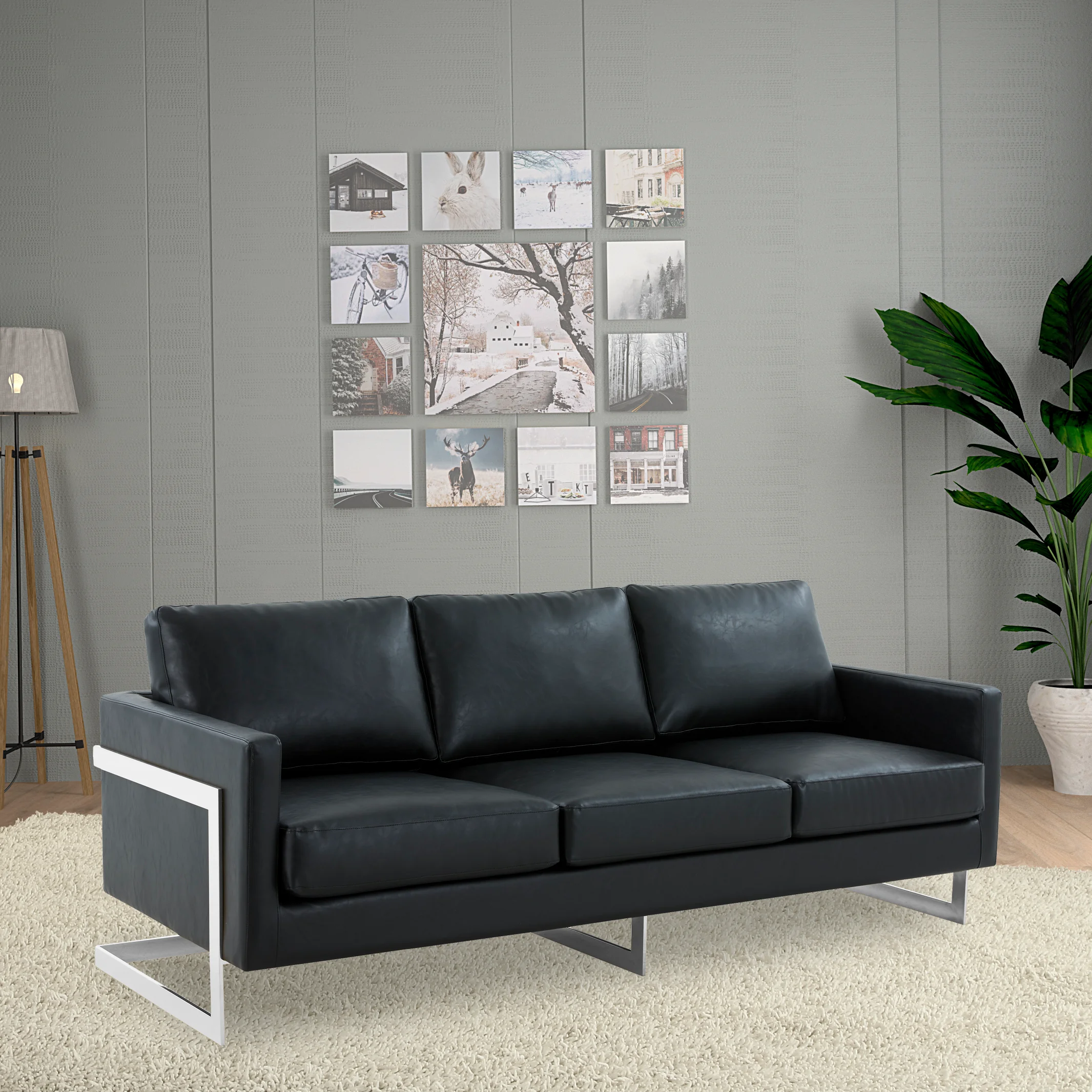 Lincoln Black Leather Sofa With Chromed Frame