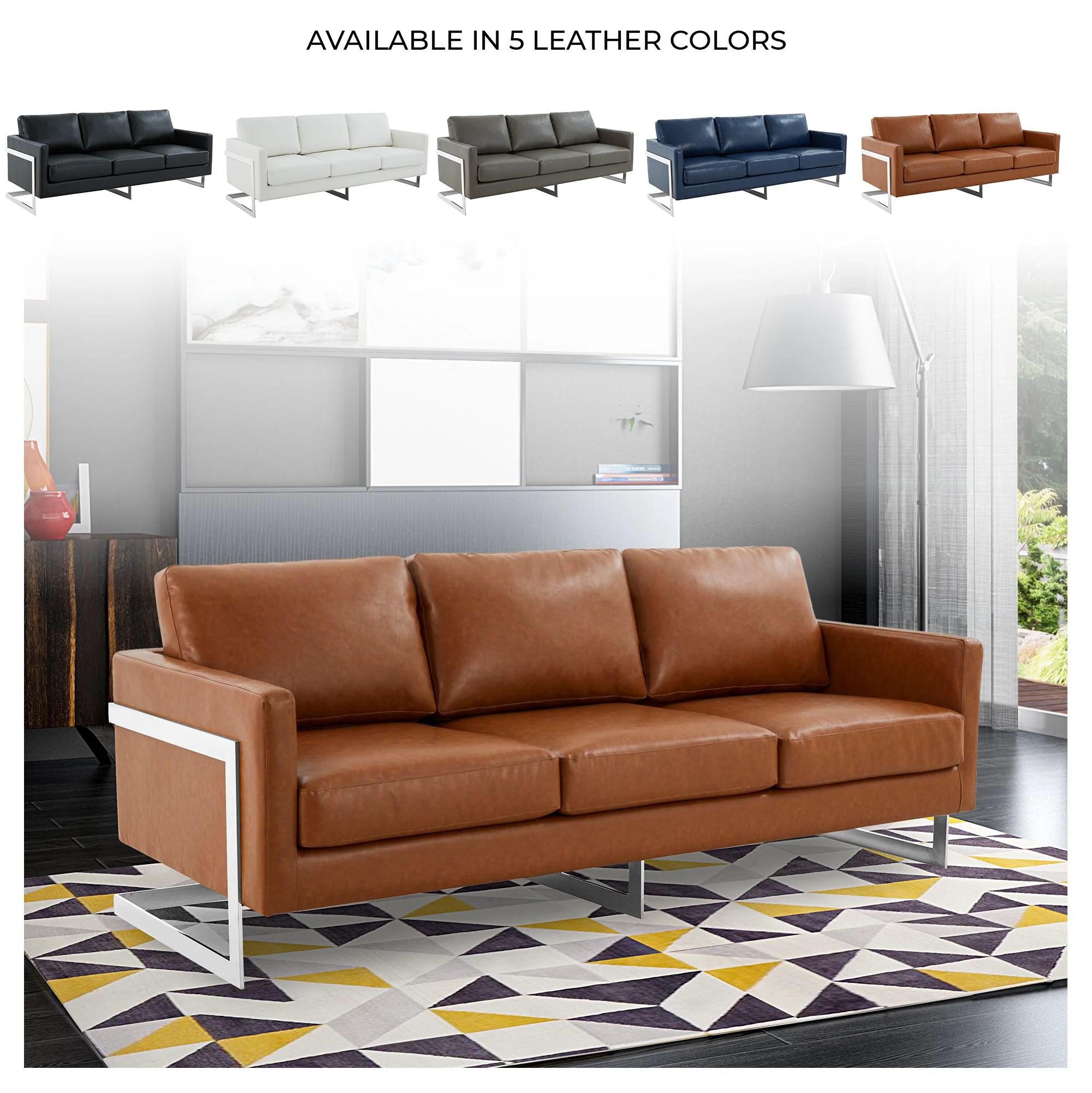 Lincoln Brown Leather Sofa With Chromed Frame
