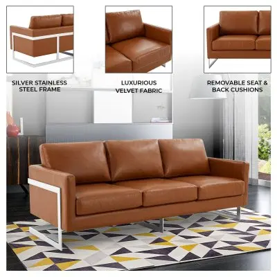 Lincoln Brown Leather Sofa With Chromed Frame