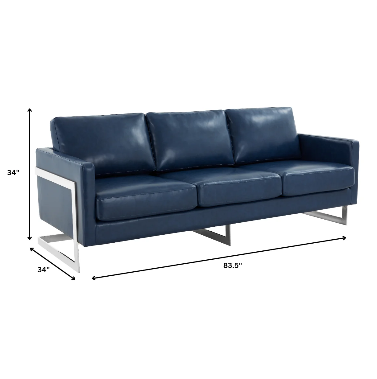 Lincoln Blue Leather Sofa With Chromed Frame