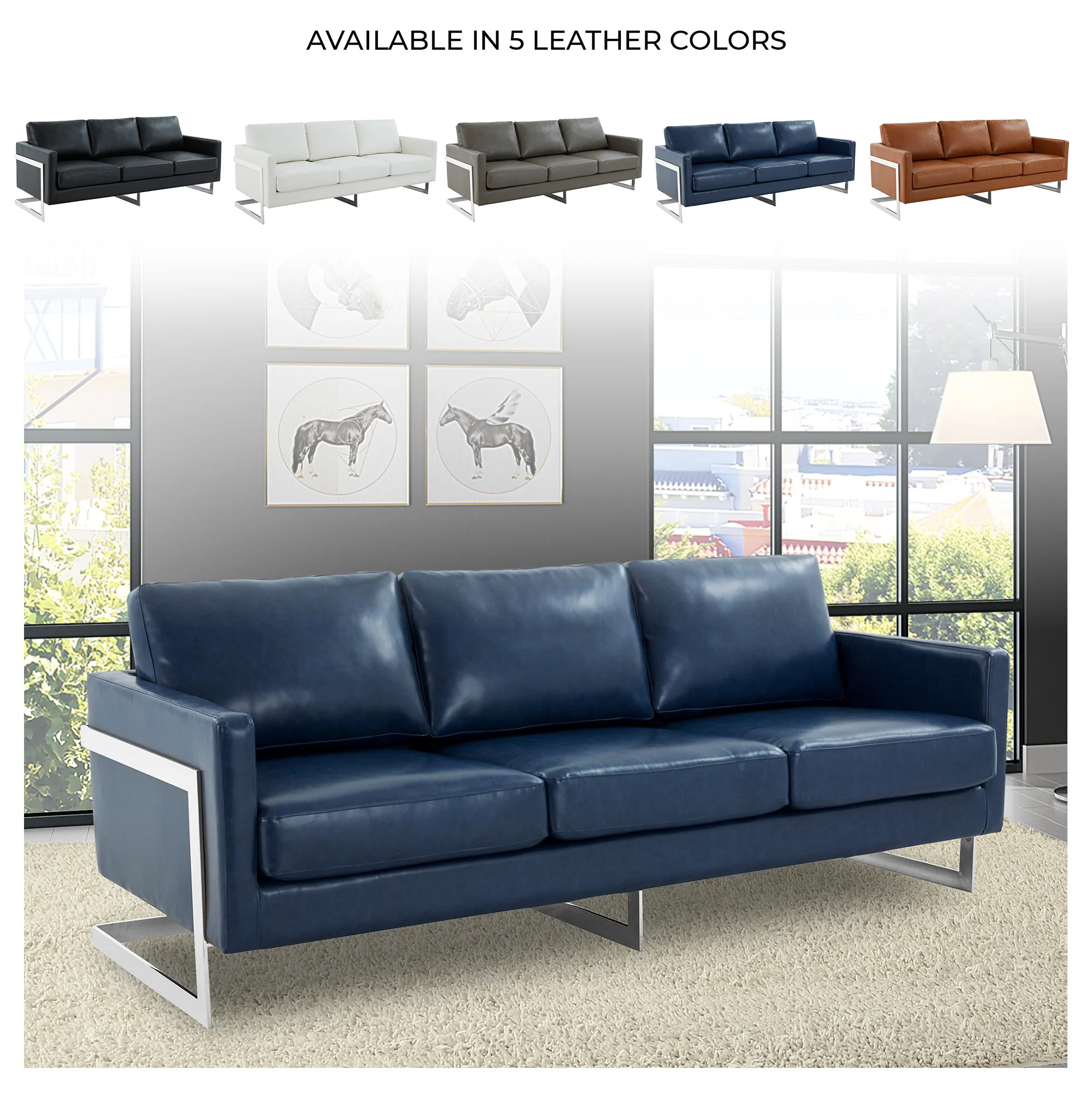 Lincoln Blue Leather Sofa With Chromed Frame