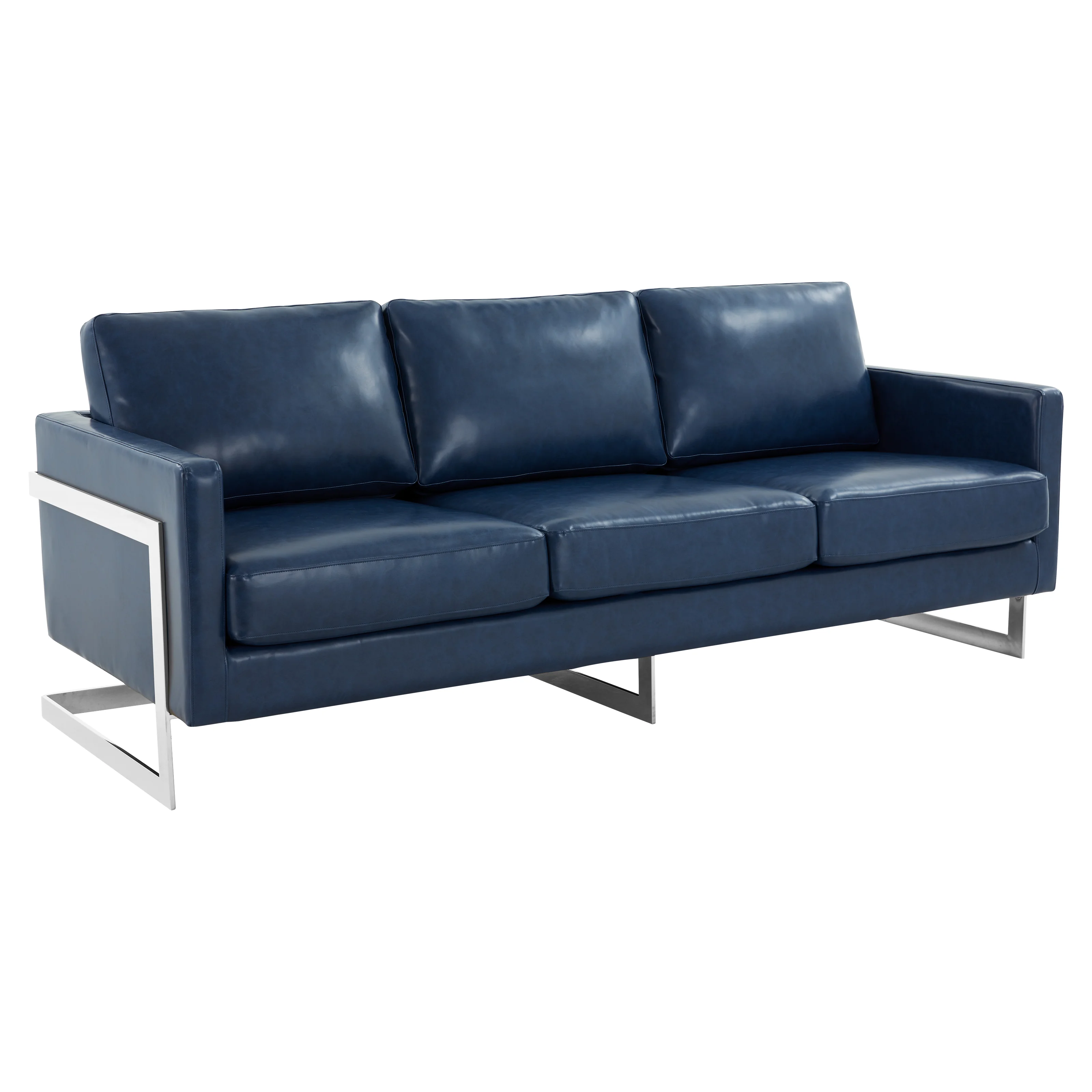 Lincoln Blue Leather Sofa With Chromed Frame
