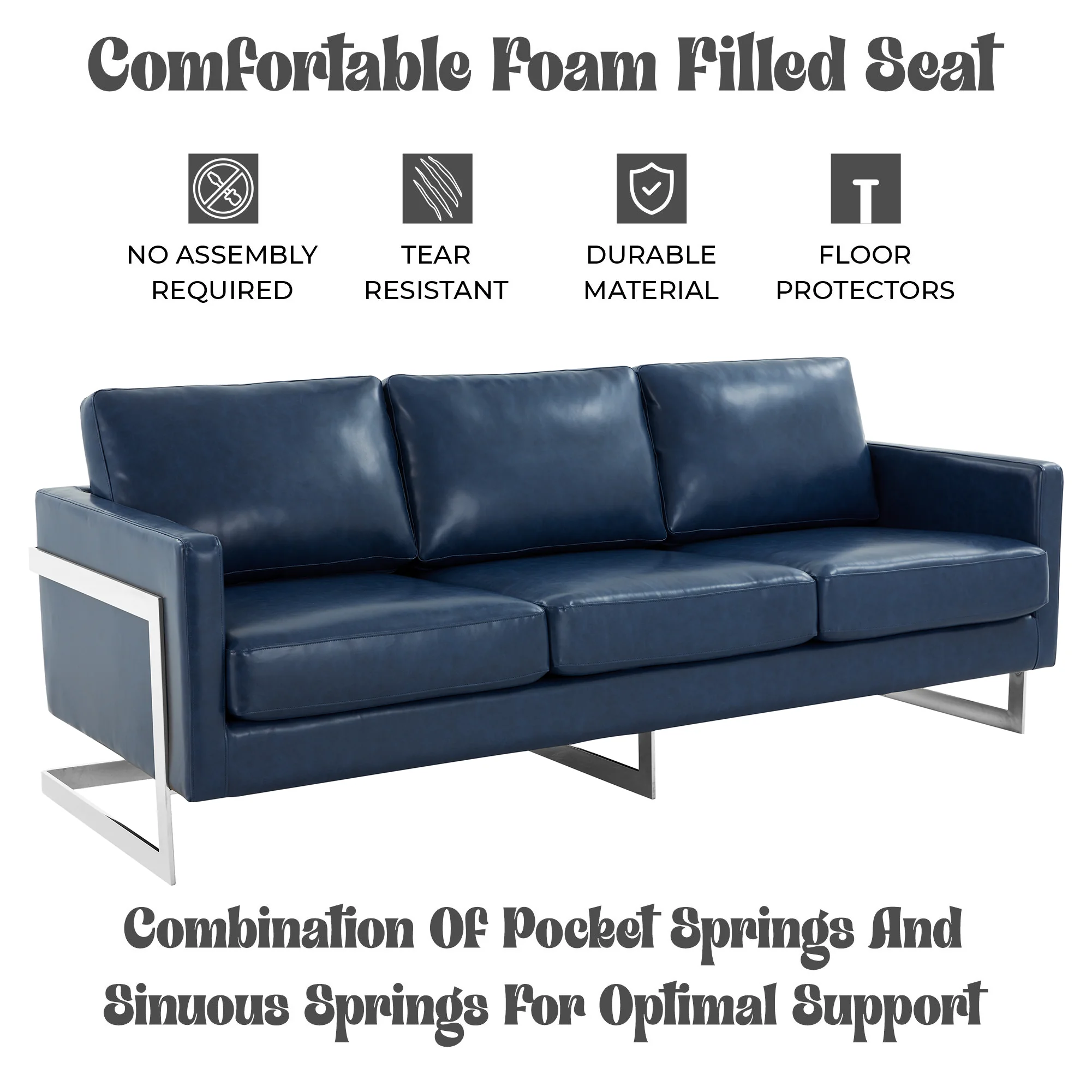 Lincoln Blue Leather Sofa With Chromed Frame