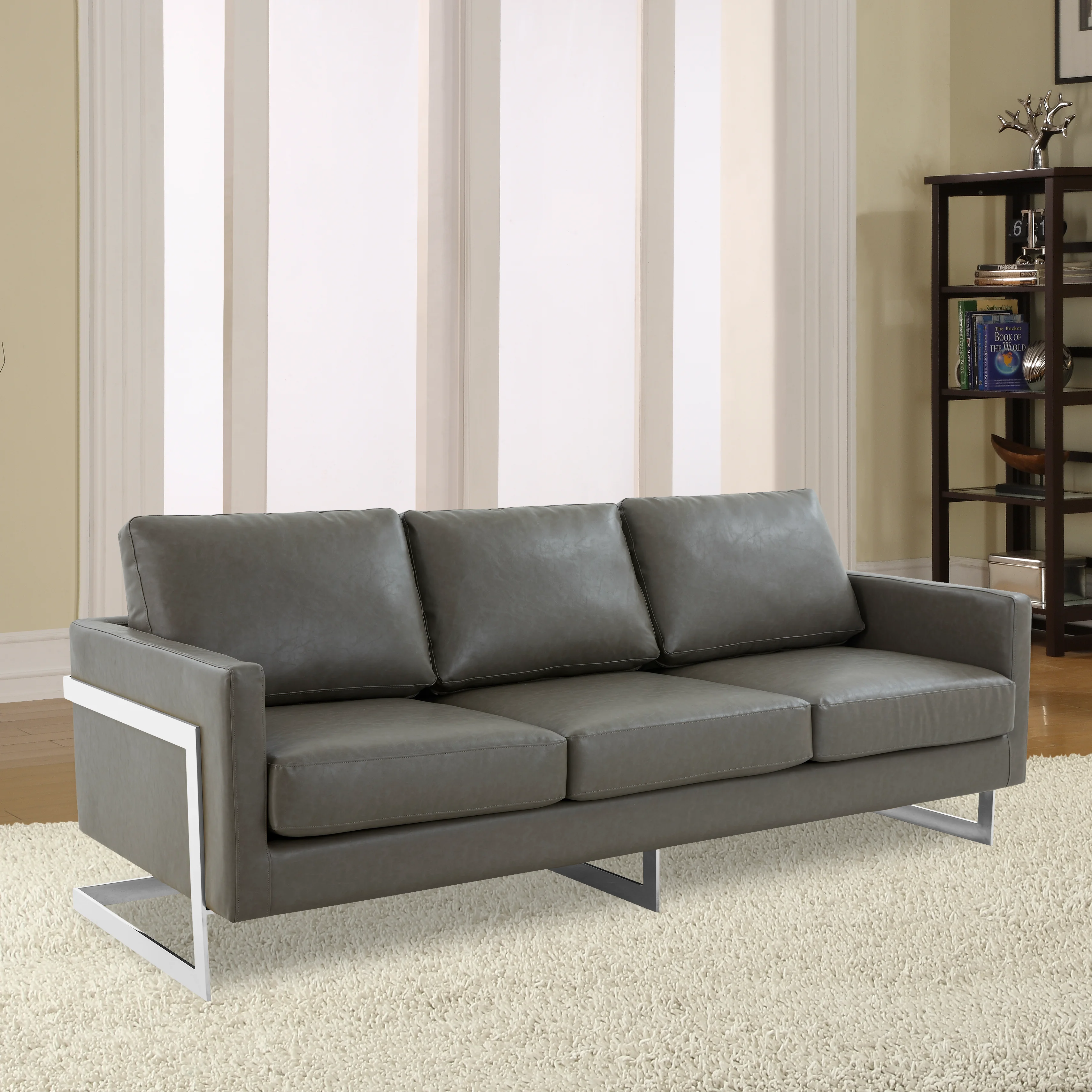 Lincoln Grey Leather Sofa With Chromed Frame