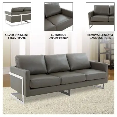 Lincoln Grey Leather Sofa With Chromed Frame