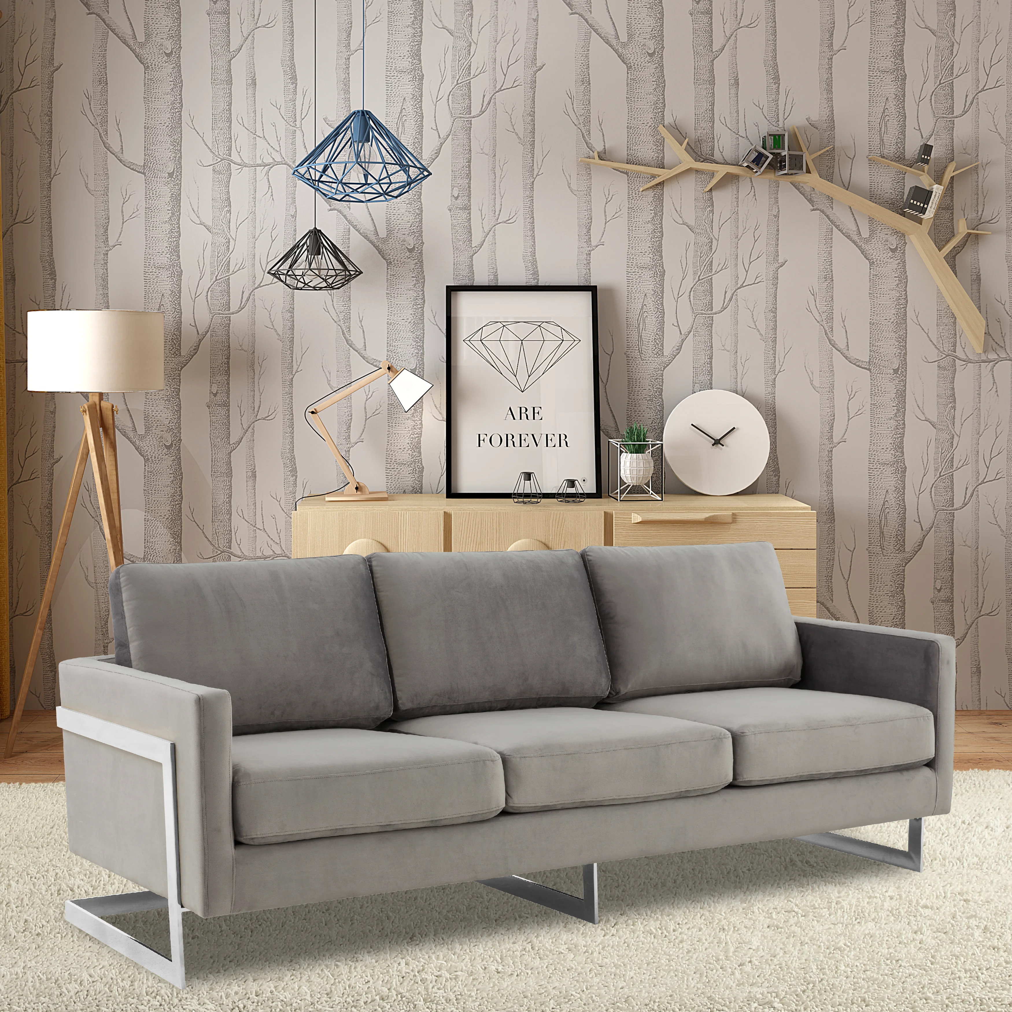 Lincoln Light Grey Velvet Sofa With Chromed Frame