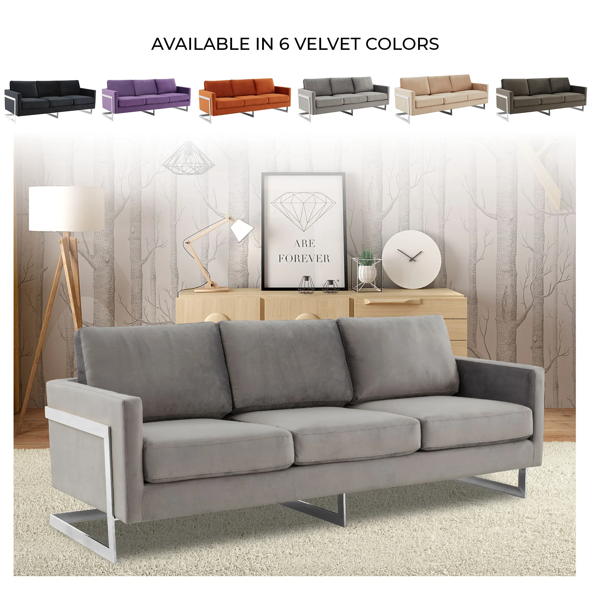 Lincoln Light Grey Velvet Sofa With Chromed Frame