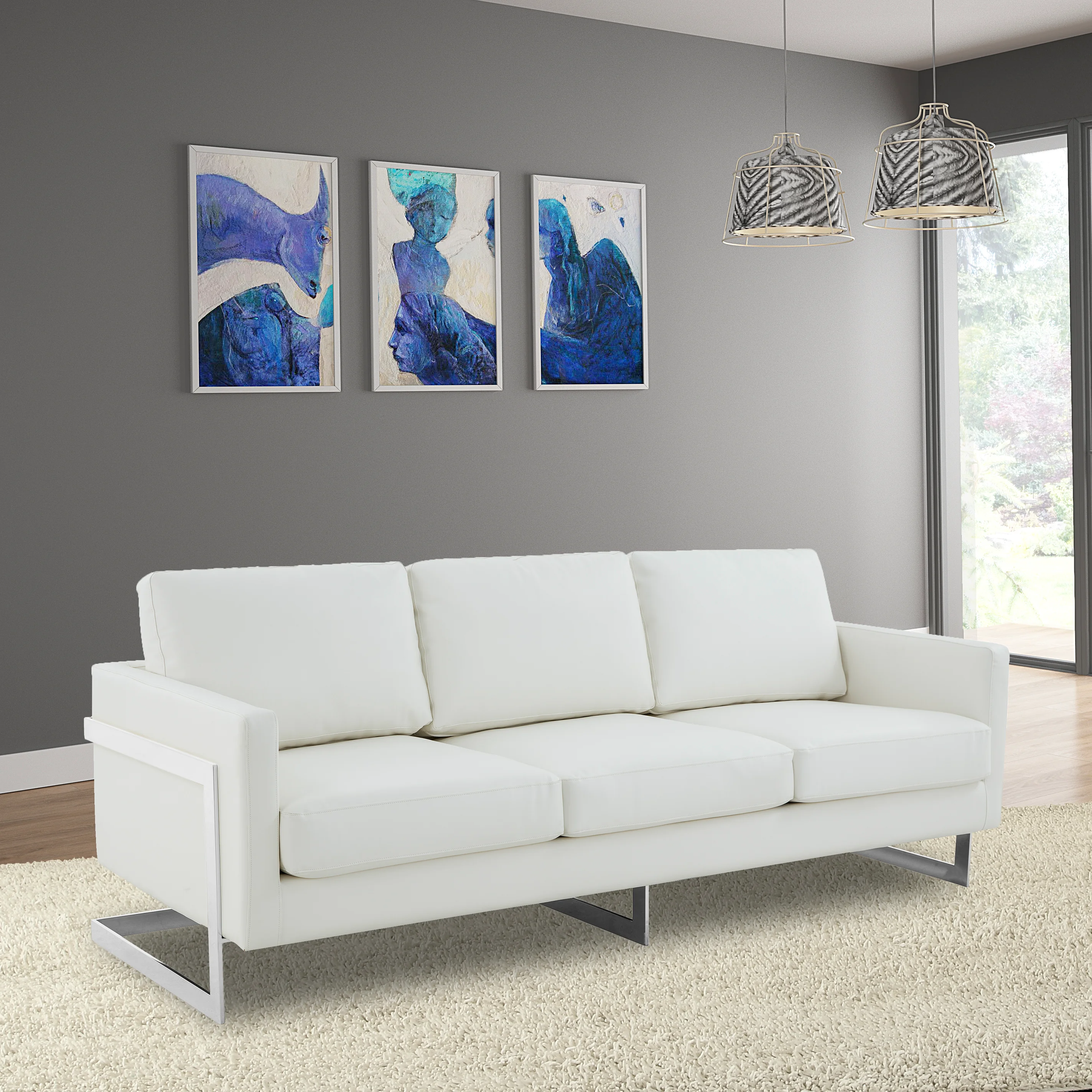 Lincoln White Leather Sofa With Chromed Frame