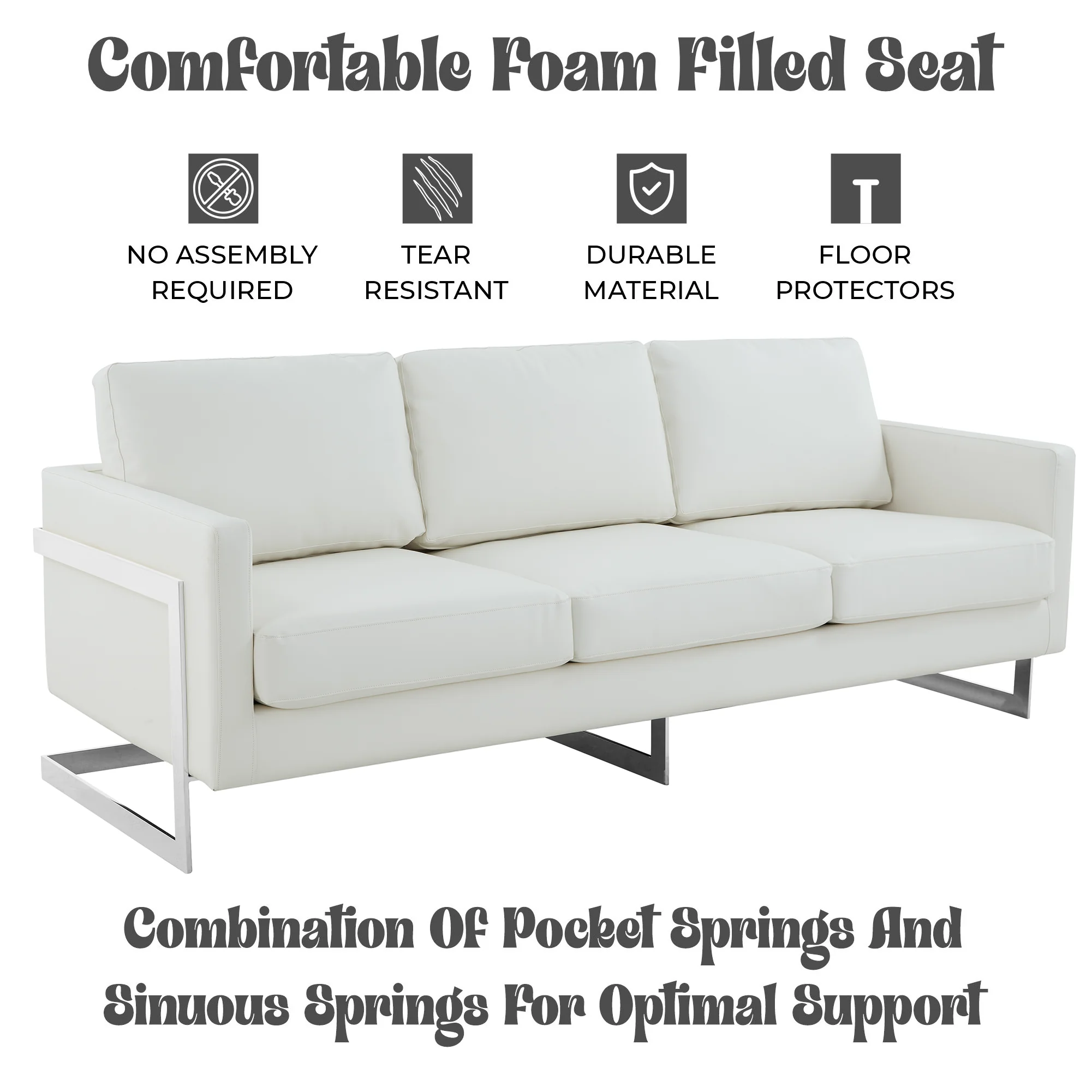 Lincoln White Leather Sofa With Chromed Frame