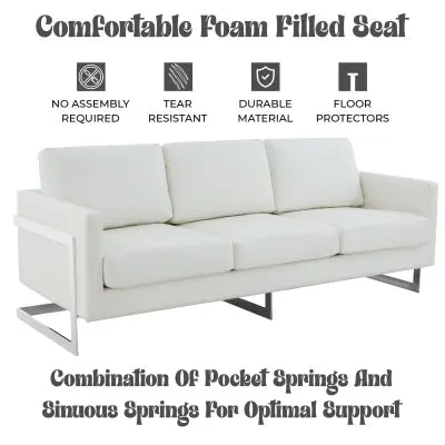 Lincoln White Leather Sofa With Chromed Frame