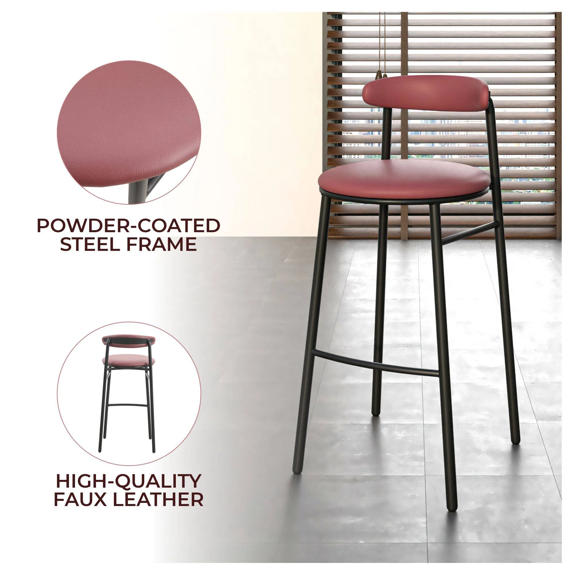 Lume Collection Modern Bar Stool in Burgundy Set of 2