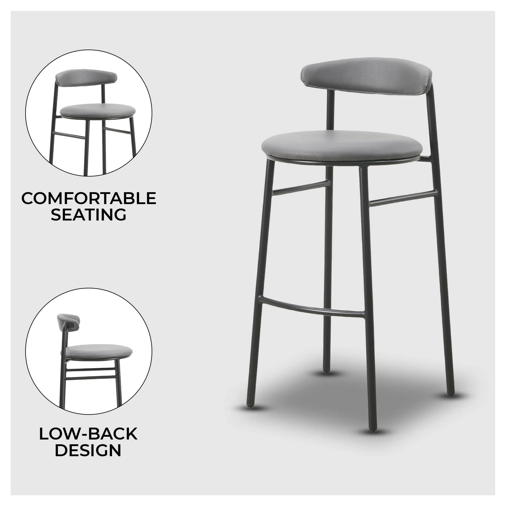 Lume Collection Modern Bar Stool in Charcoal Set of 2