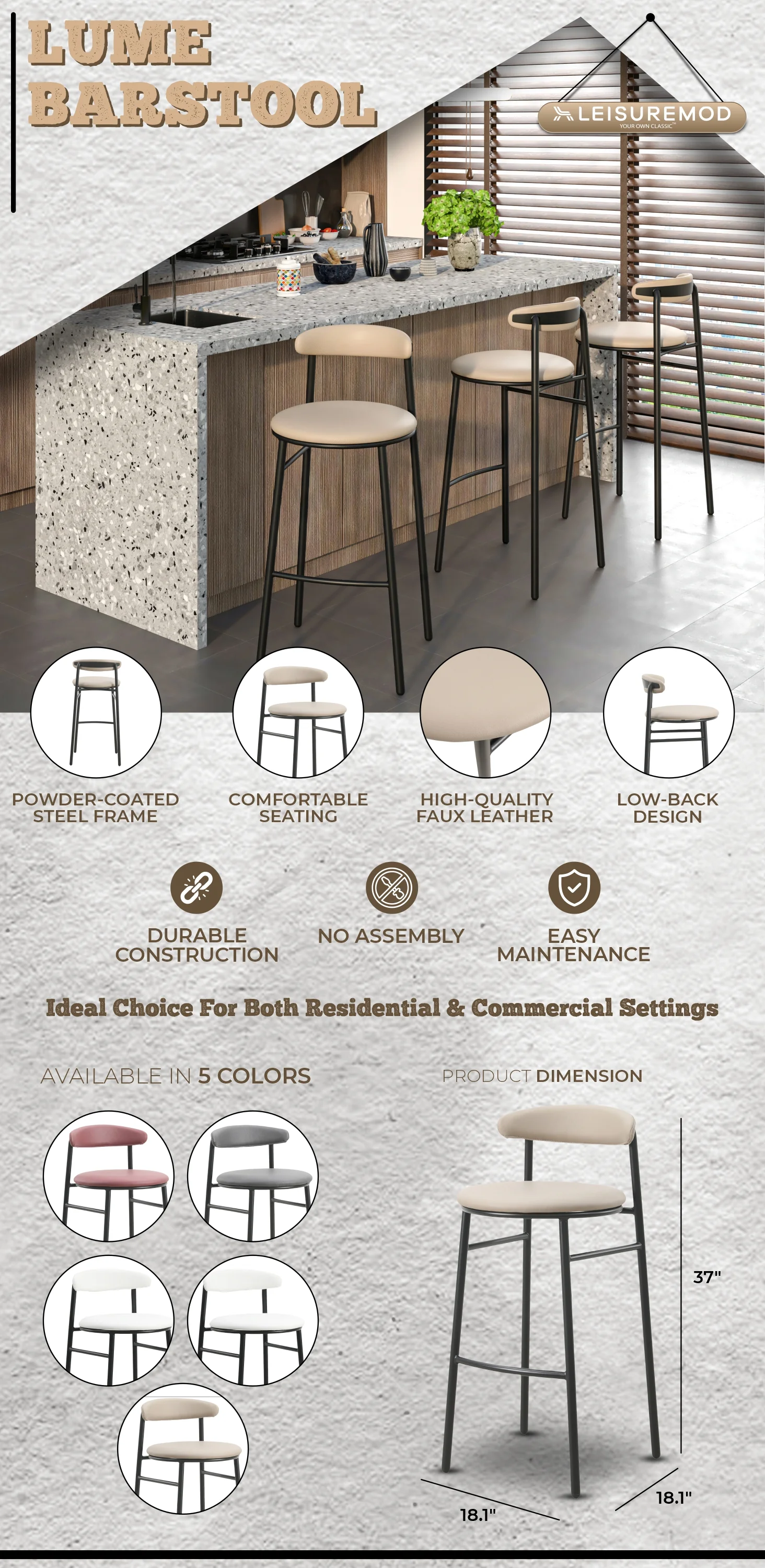 Lume Collection Modern Bar Stool in Dark Taupe