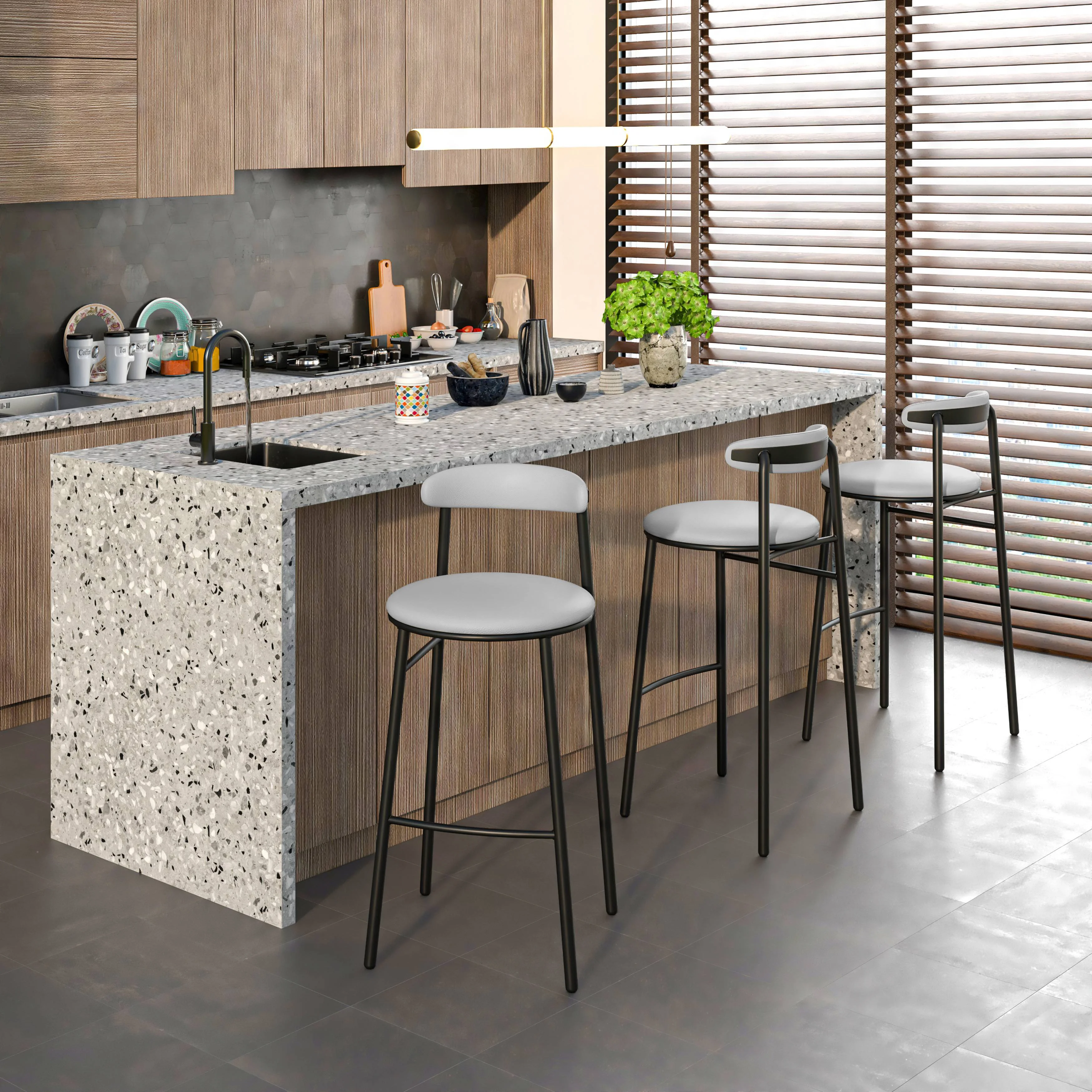 Lume Collection Modern Bar Stool in Grey Set of 2