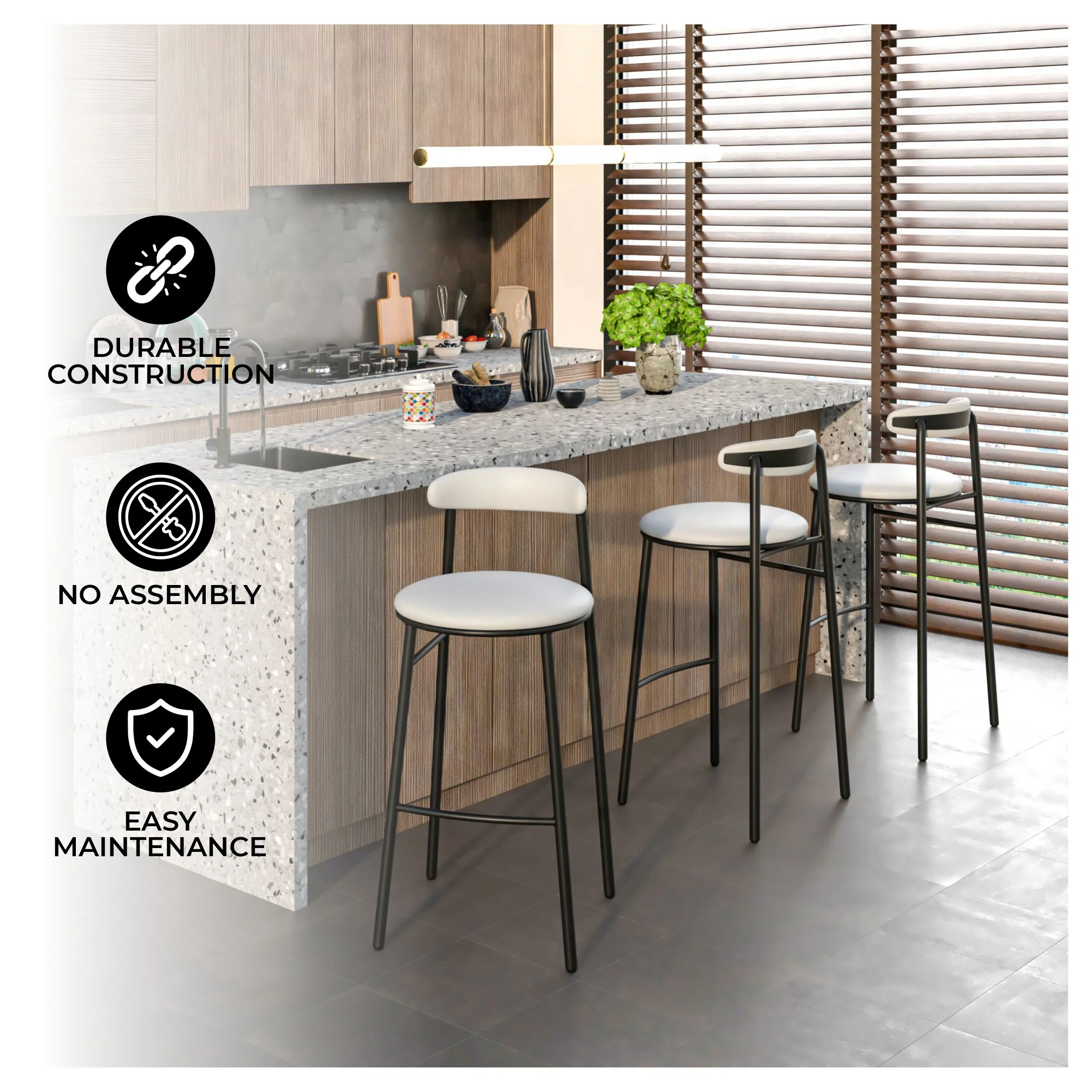 Lume Collection Modern Bar Stool in White