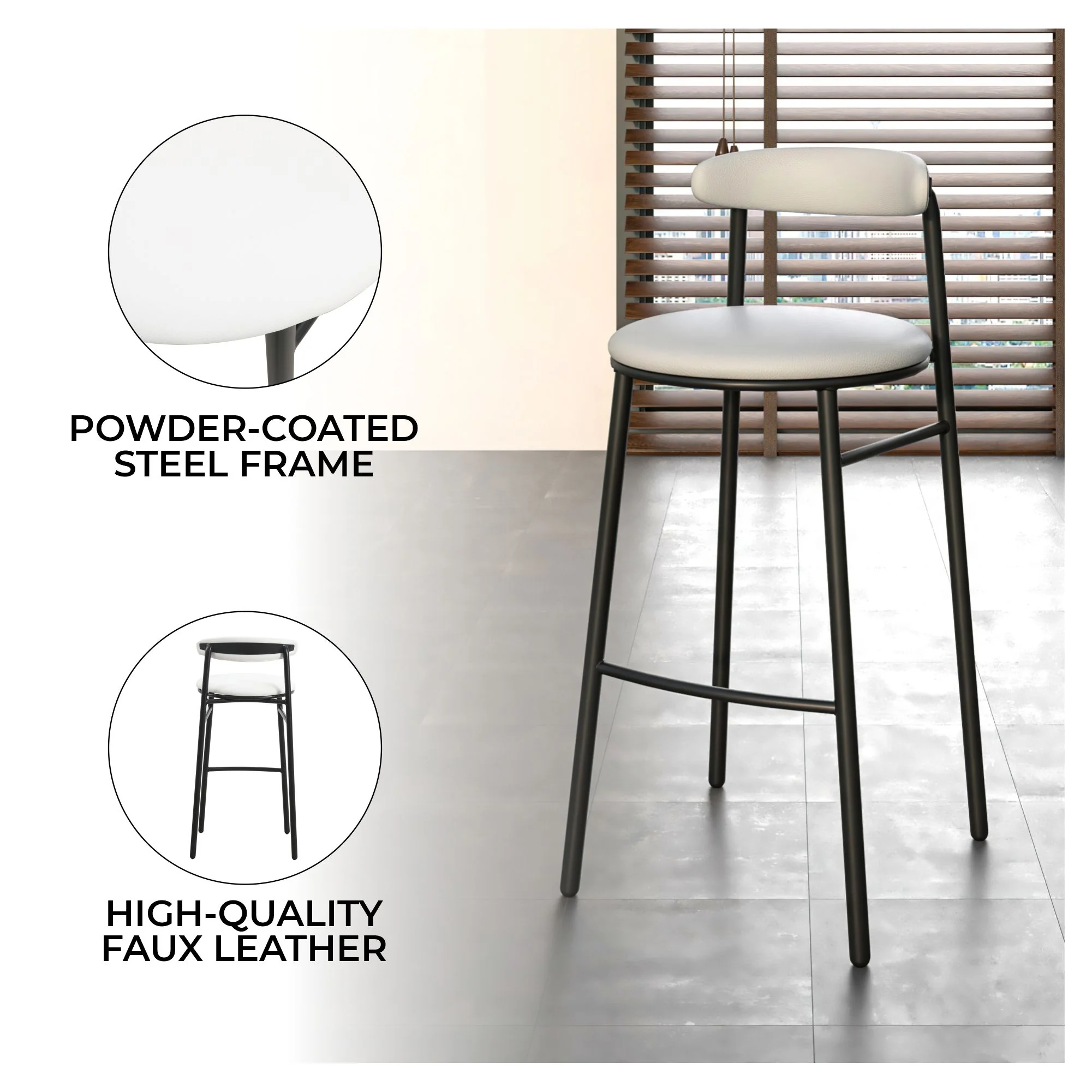 Lume Collection Modern Bar Stool in White