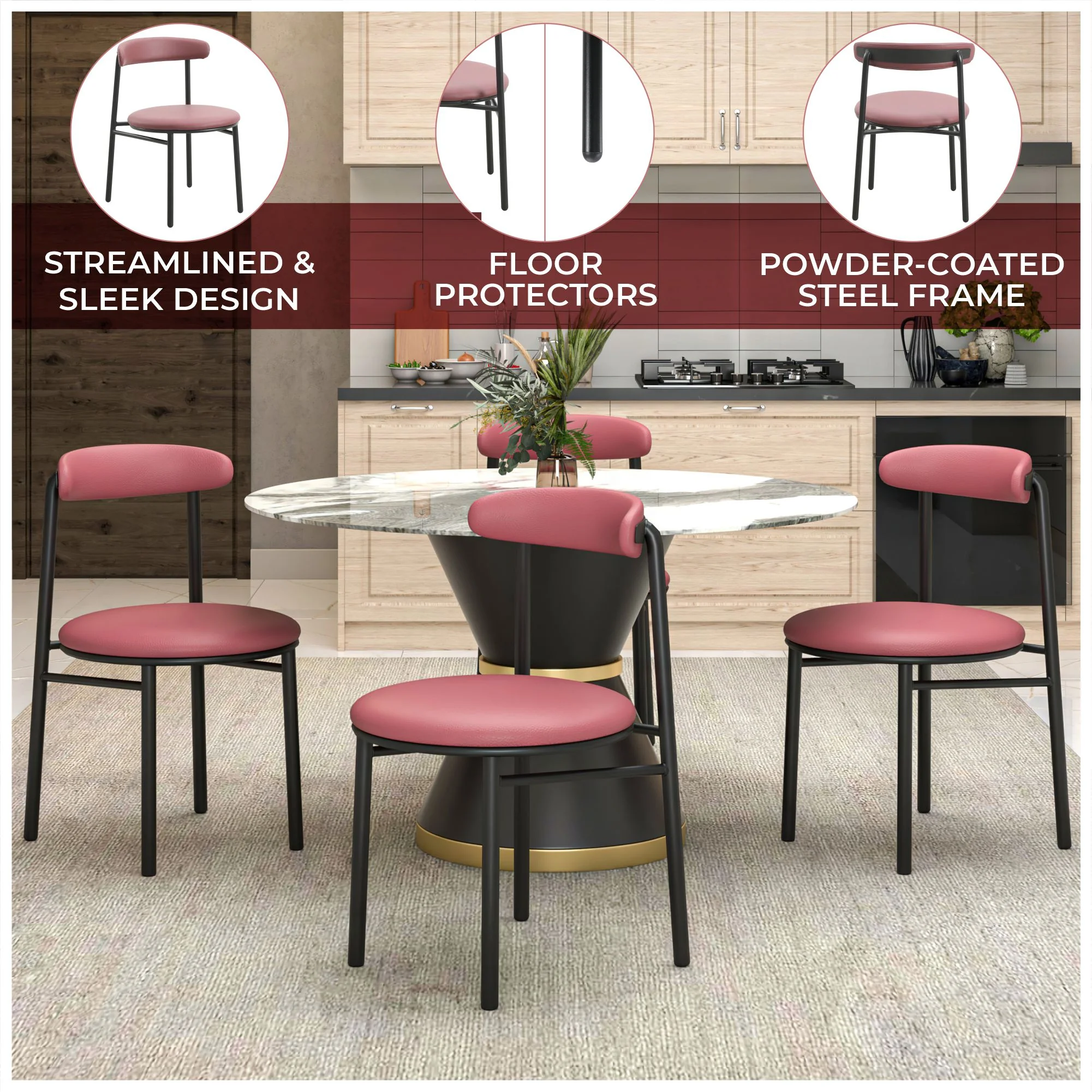 Lume Collection Modern Dining Chair in Burgundy Set of 4