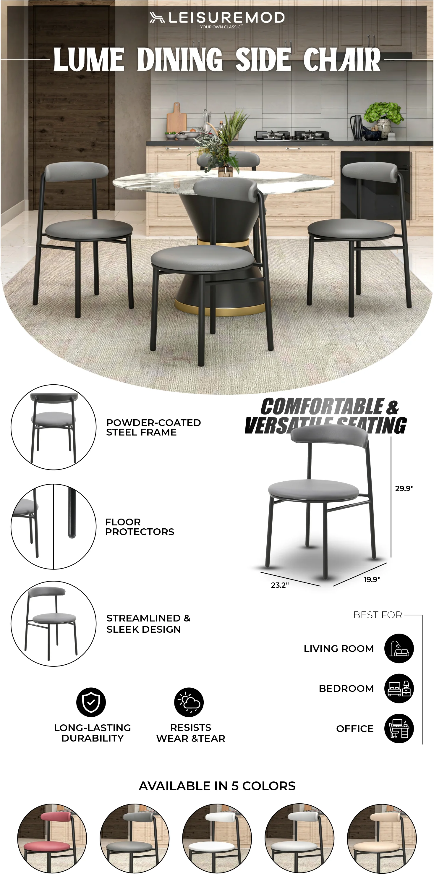 Lume Collection Modern Dining Chair in Charcoal Set of 2