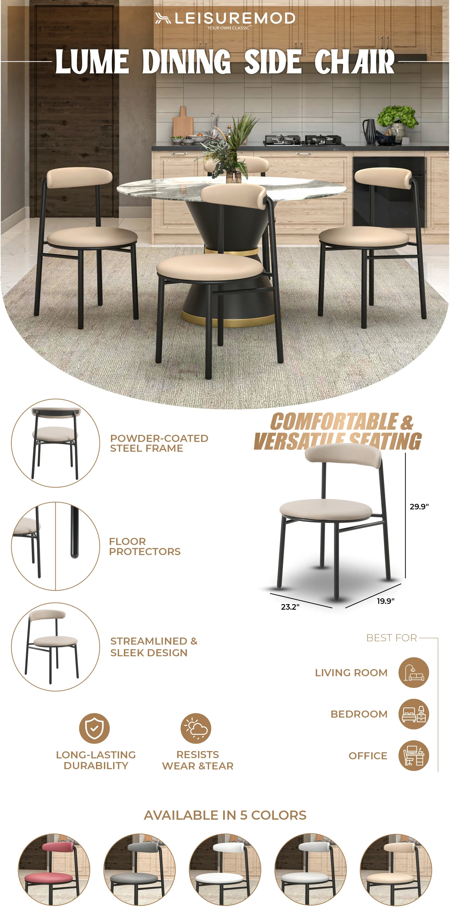 Lume Collection Modern Dining Chair in Dark Taupe Set of 2