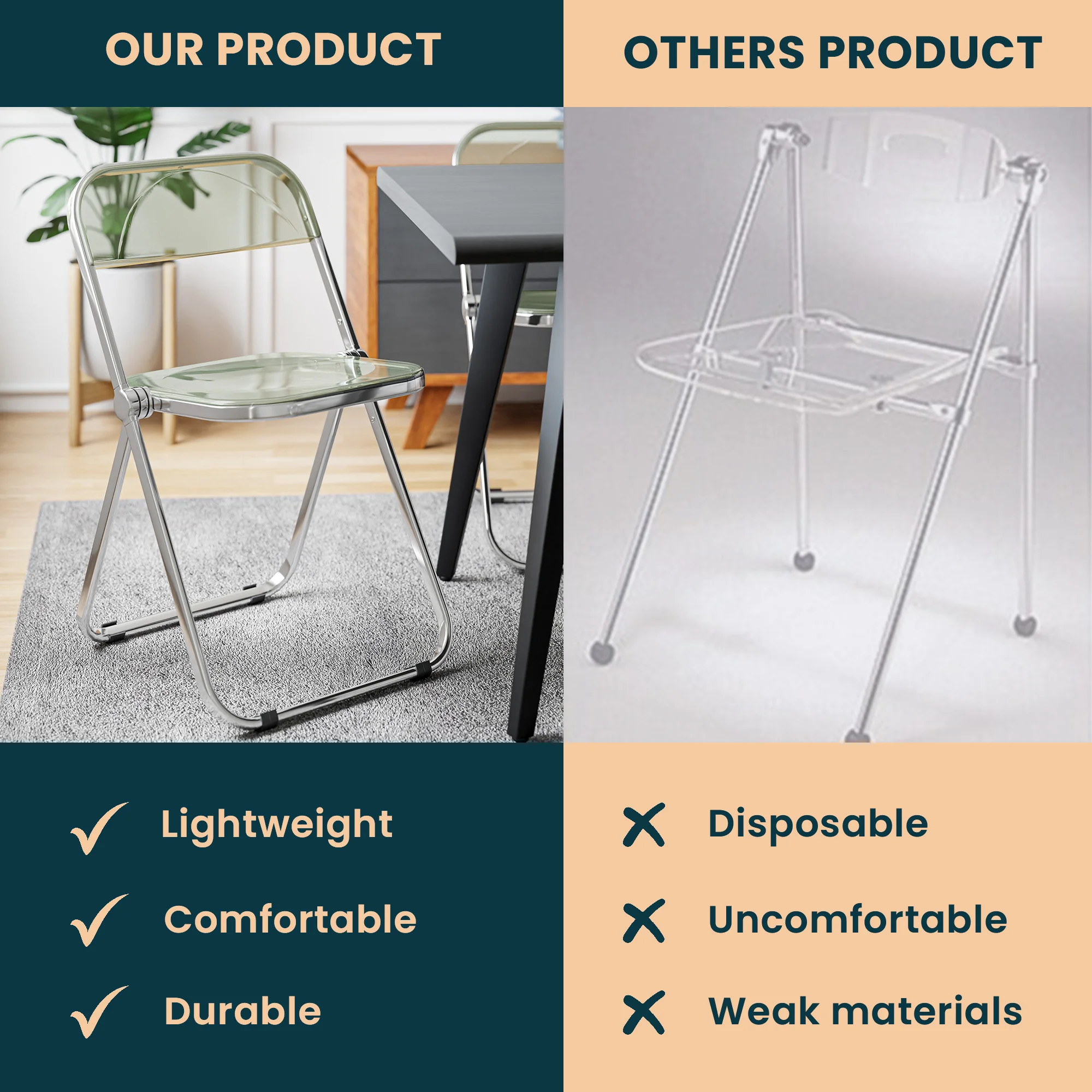 Lawrence Acrylic Folding Chair With Metal Frame, Set of 2