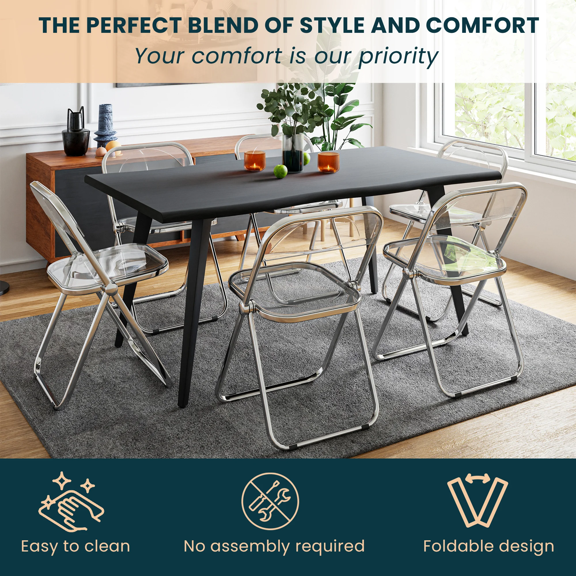 Lawrence Acrylic Folding Chair With Metal Frame, Set of 2