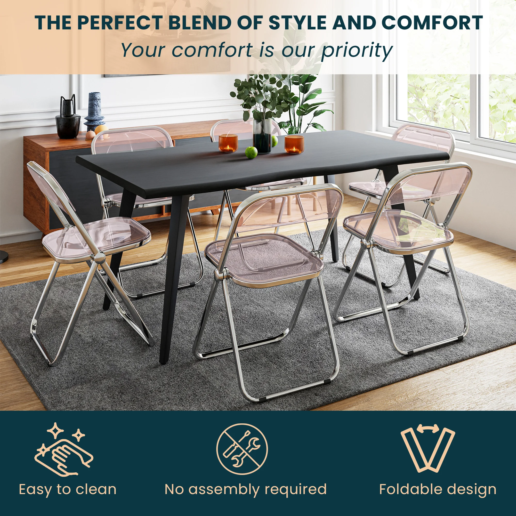 Lawrence Acrylic Folding Chair With Metal Frame, Set of 2