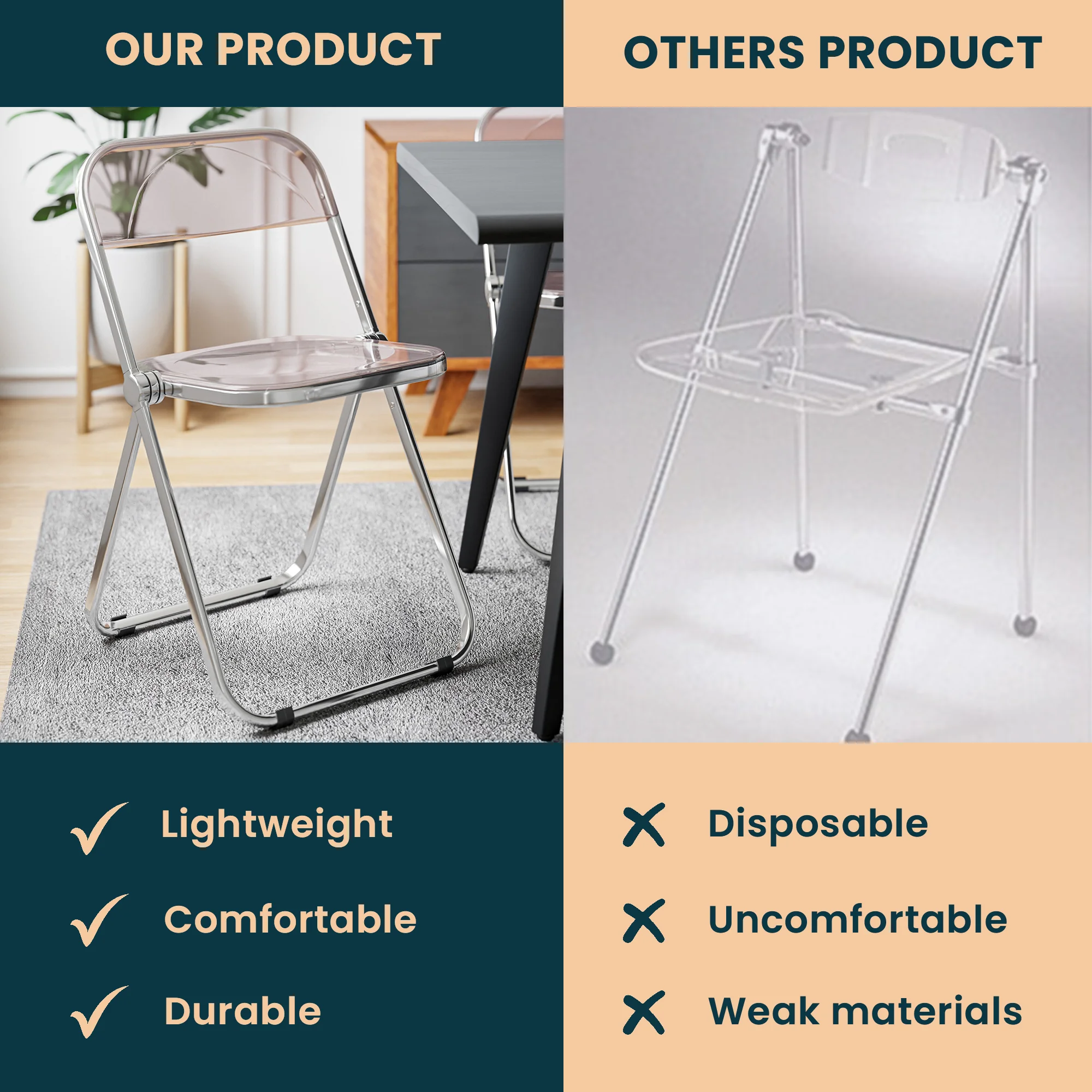 Lawrence Acrylic Folding Chair With Metal Frame, Set of 2