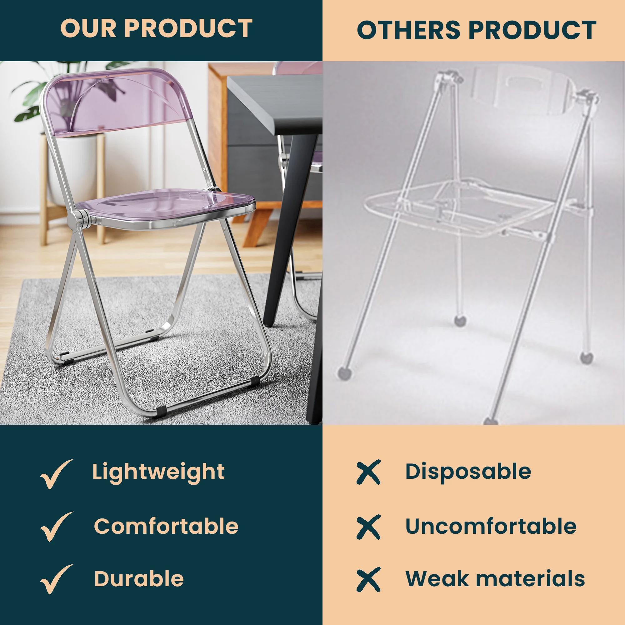 Lawrence Acrylic Folding Chair With Metal Frame, Set of 4