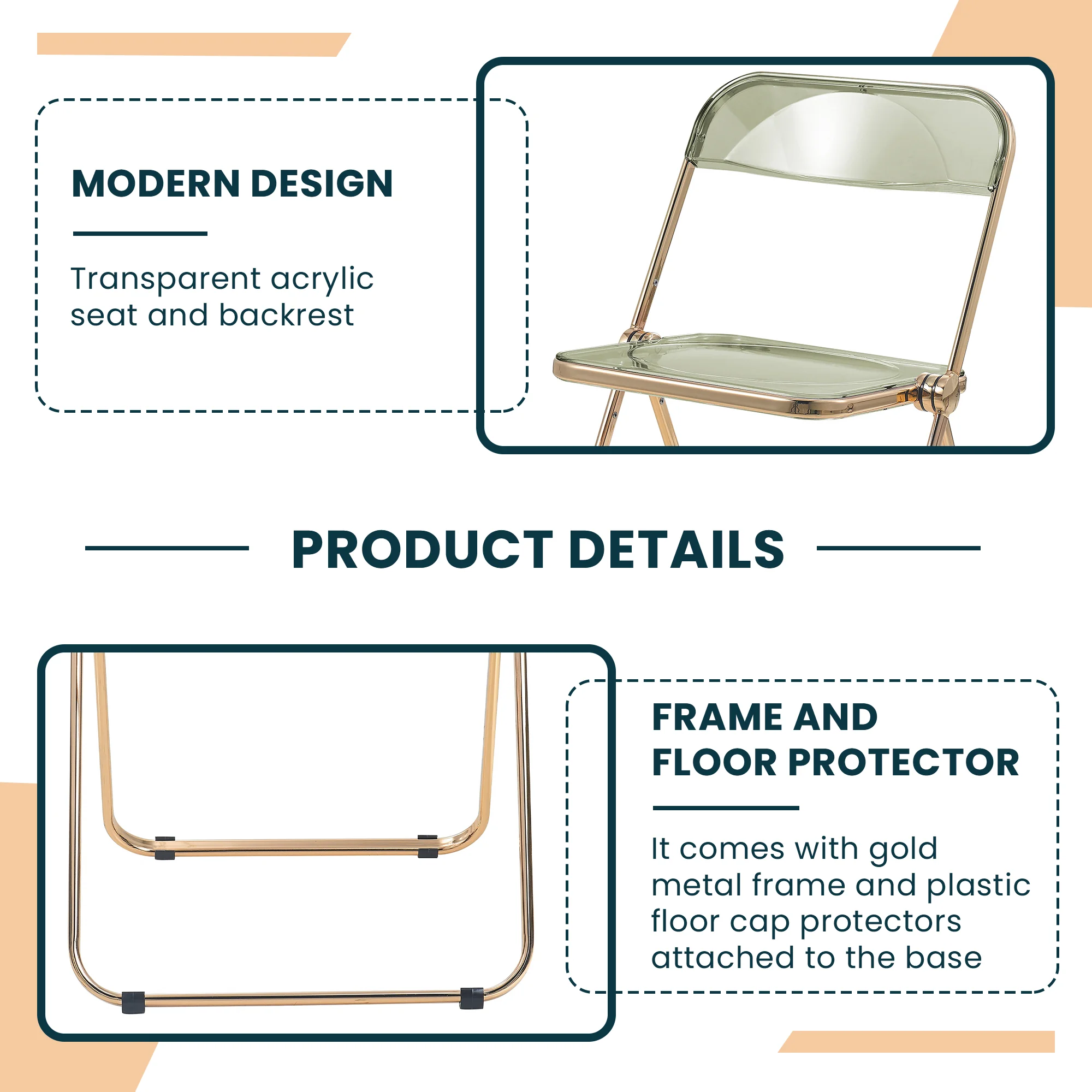 Lawrence Acrylic Folding Chair With Gold Metal Frame