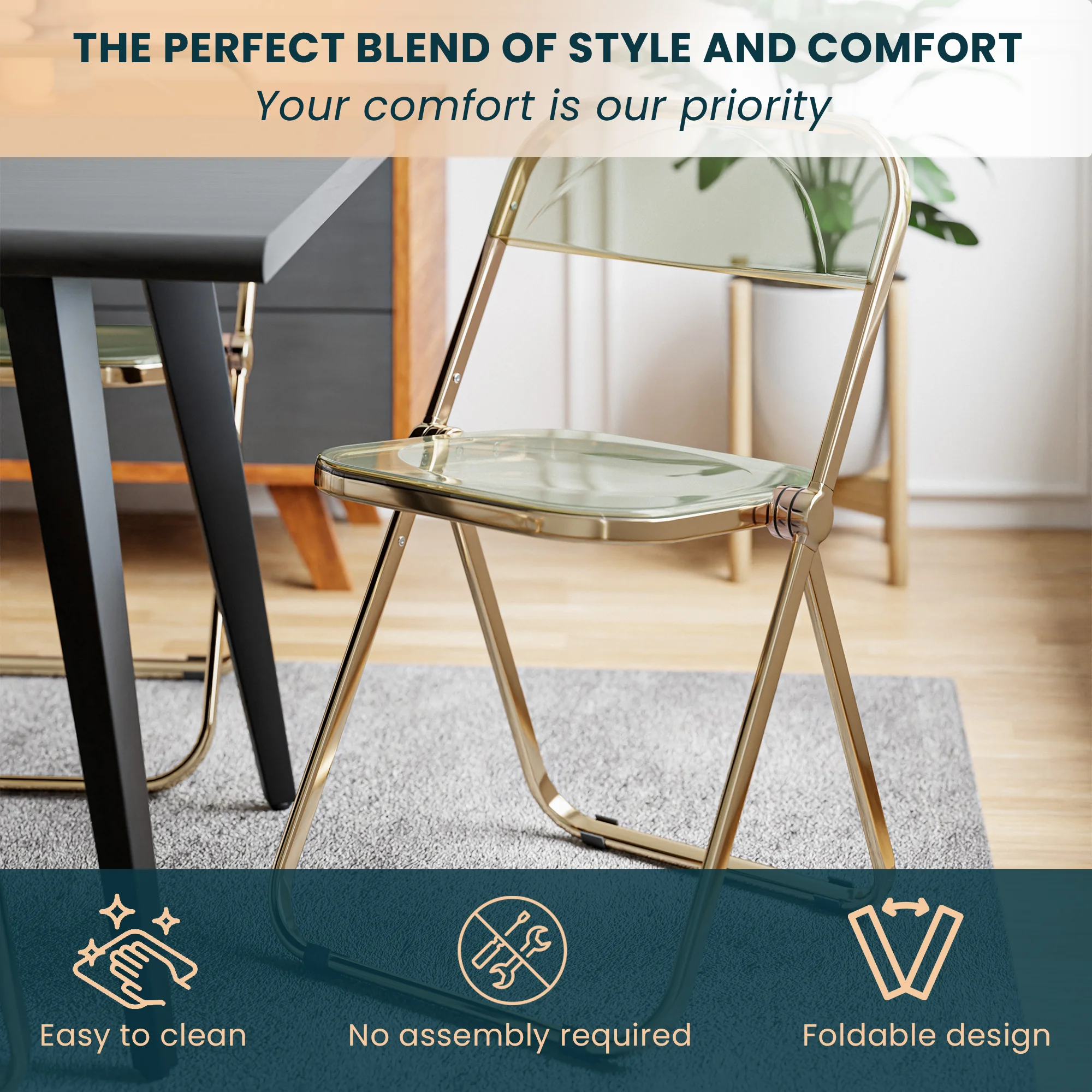 Lawrence Acrylic Folding Chair With Gold Metal Frame