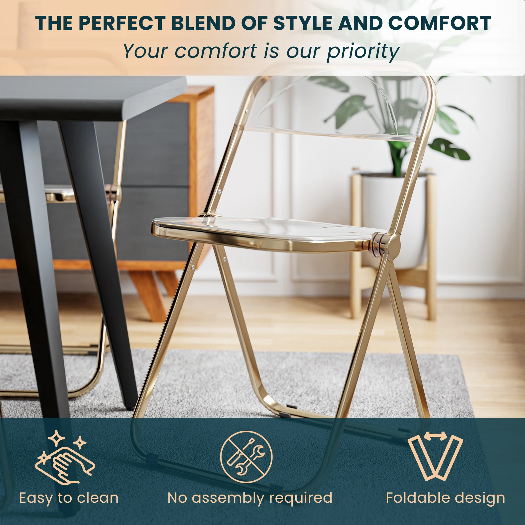 Lawrence Acrylic Folding Chair With Gold Metal Frame, Set of 4