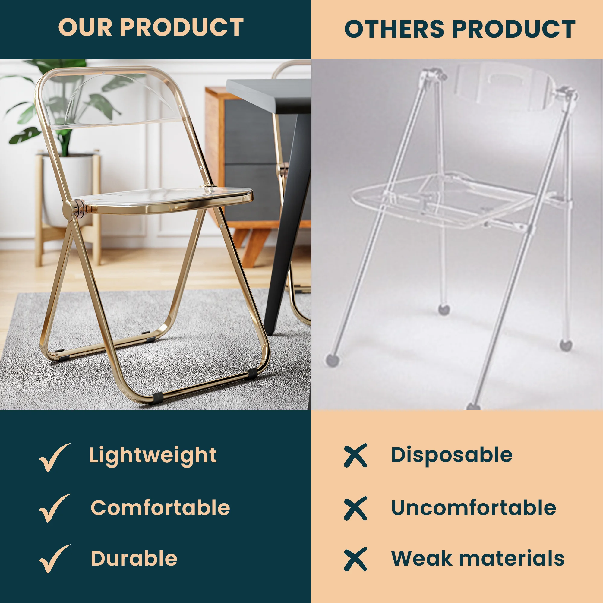 Lawrence Acrylic Folding Chair With Gold Metal Frame, Set of 4