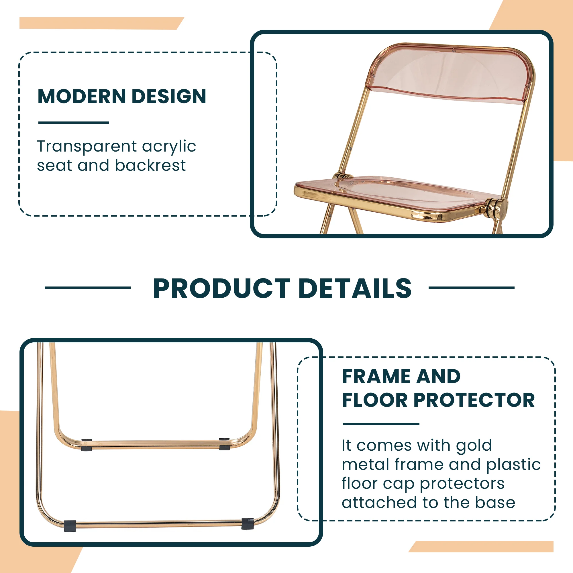 Lawrence Acrylic Folding Chair With Gold Metal Frame, Set of 4