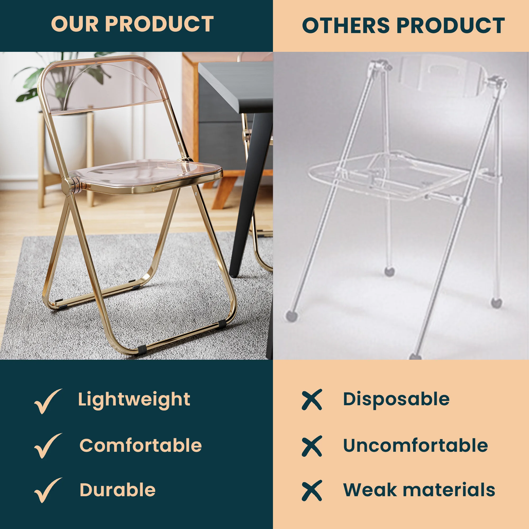 Lawrence Acrylic Folding Chair With Gold Metal Frame, Set of 4