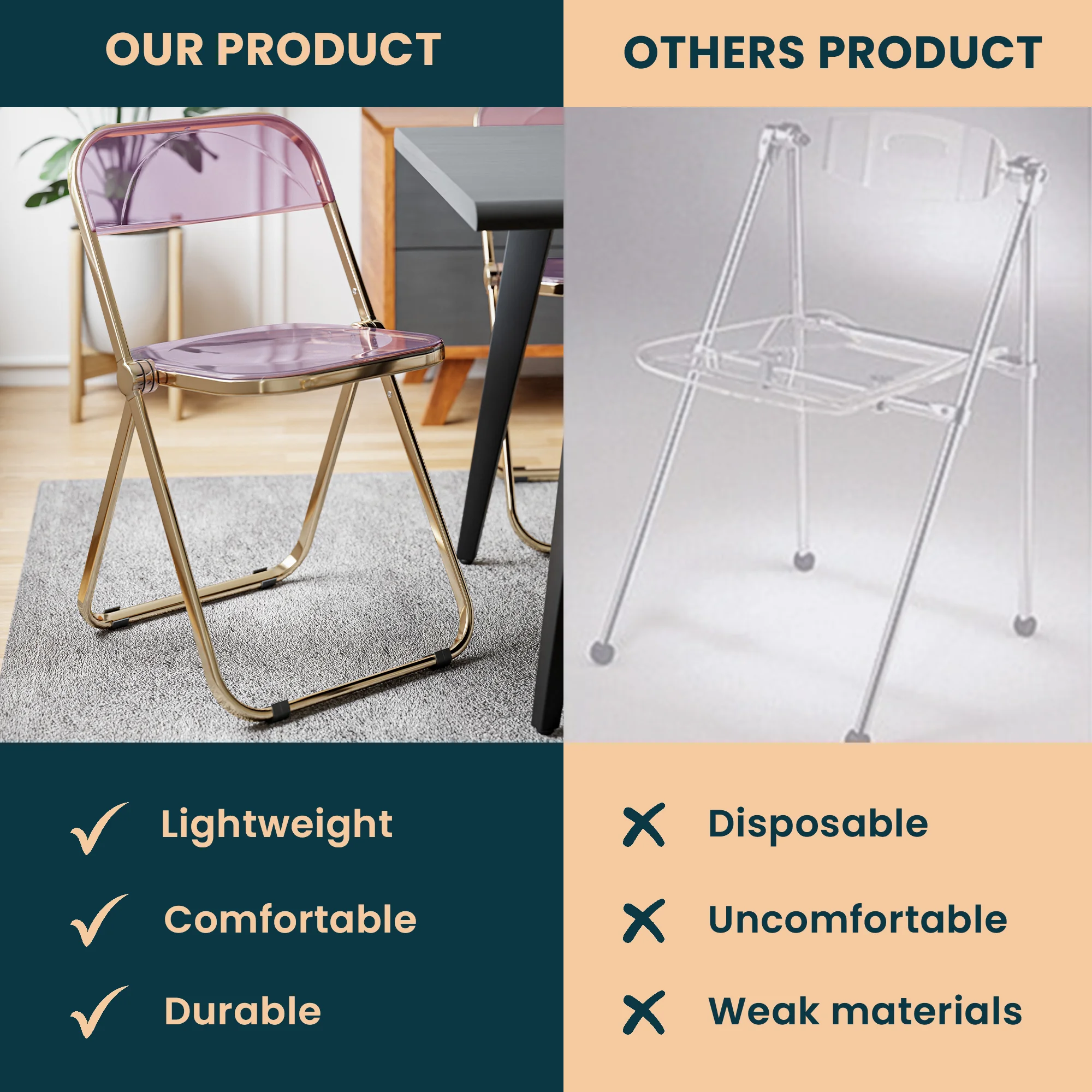 Lawrence Acrylic Folding Chair With Gold Metal Frame, Set of 4