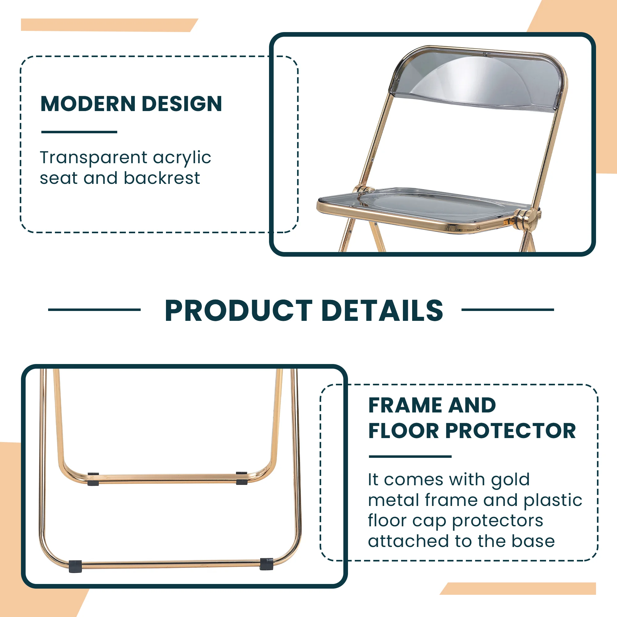 Lawrence Acrylic Folding Chair With Gold Metal Frame, Set of 4