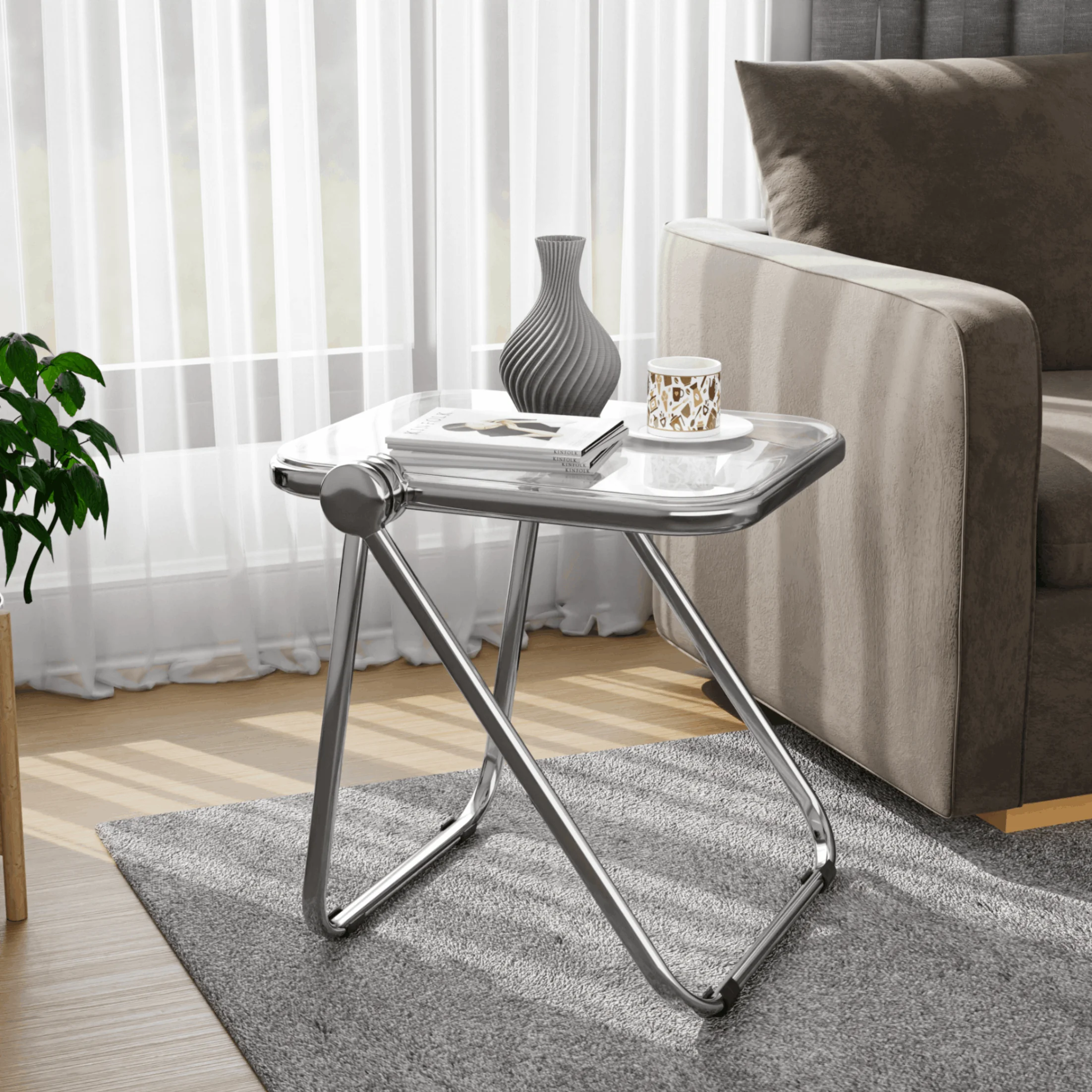 Lawrence Mid-Century Modern Rectangular Folding Side Table in Chrome Finish with Plastic Tabletop and Aluminum Frame for Living Room and Bedroom, Clear