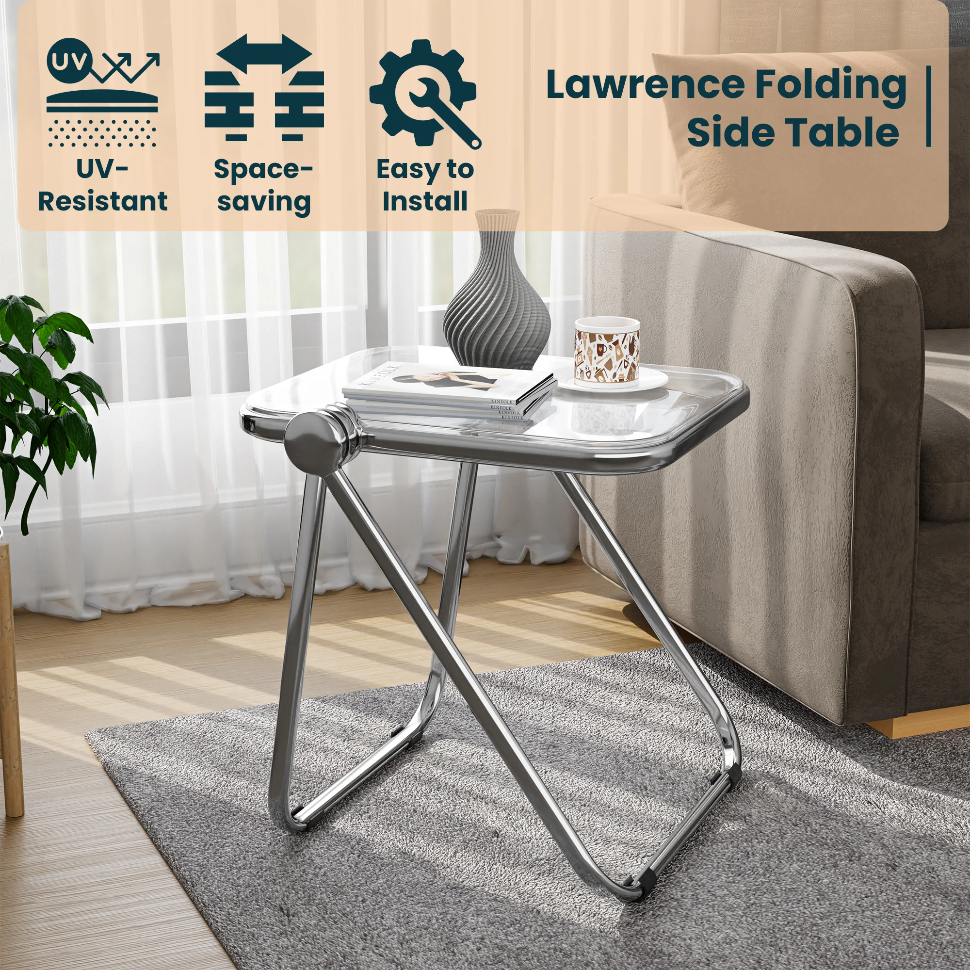 Lawrence Mid-Century Modern Rectangular Folding Side Table in Chrome Finish with Plastic Tabletop and Aluminum Frame for Living Room and Bedroom, Clear