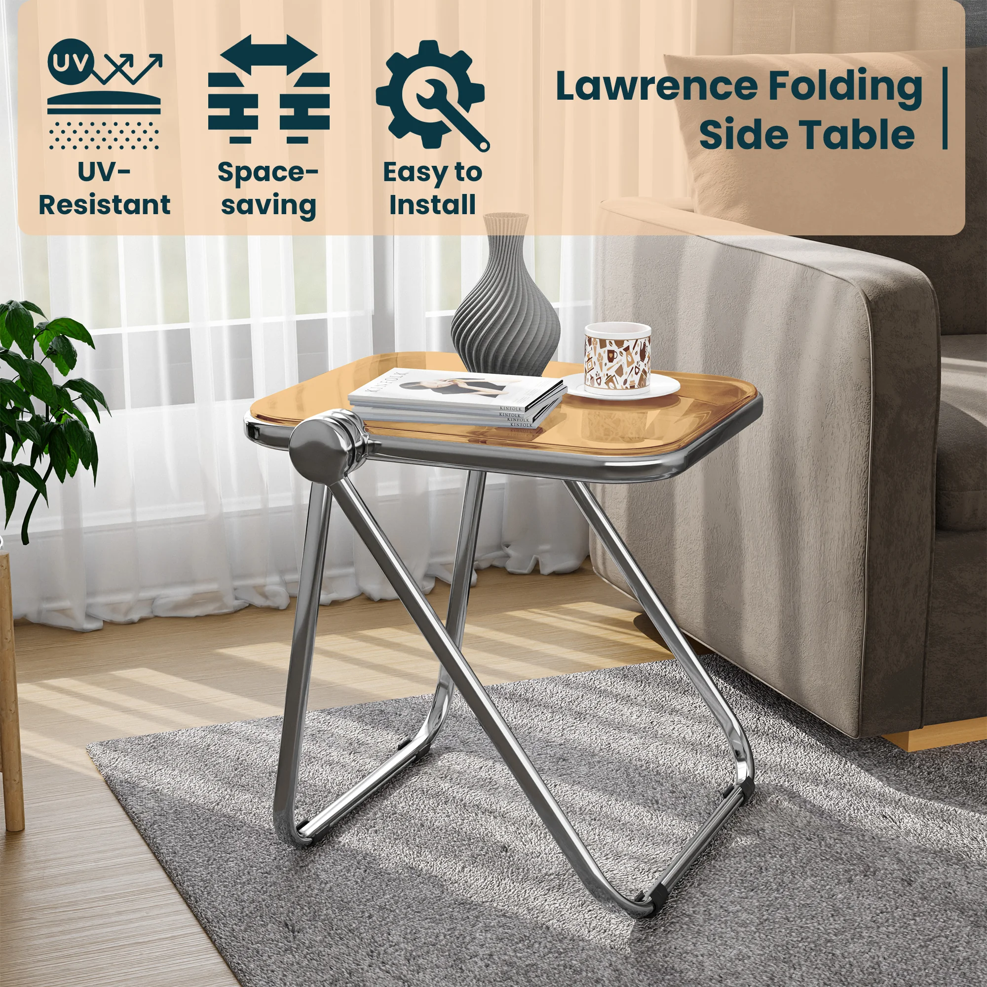 Lawrence Mid-Century Modern Rectangular Folding Side Table in Chrome Finish with Plastic Tabletop and Aluminum Frame for Living Room and Bedroom, Orange