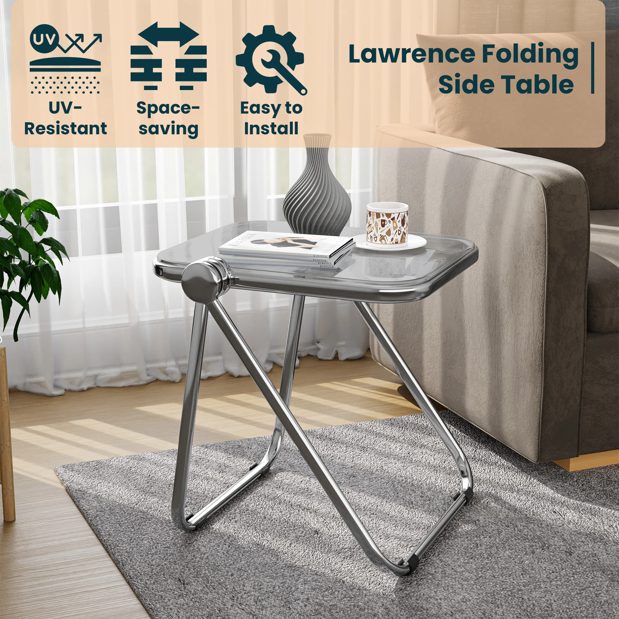 Lawrence Mid-Century Modern Rectangular Folding Side Table in Chrome Finish with Plastic Tabletop and Aluminum Frame for Living Room and Bedroom, Tranpsarent Black