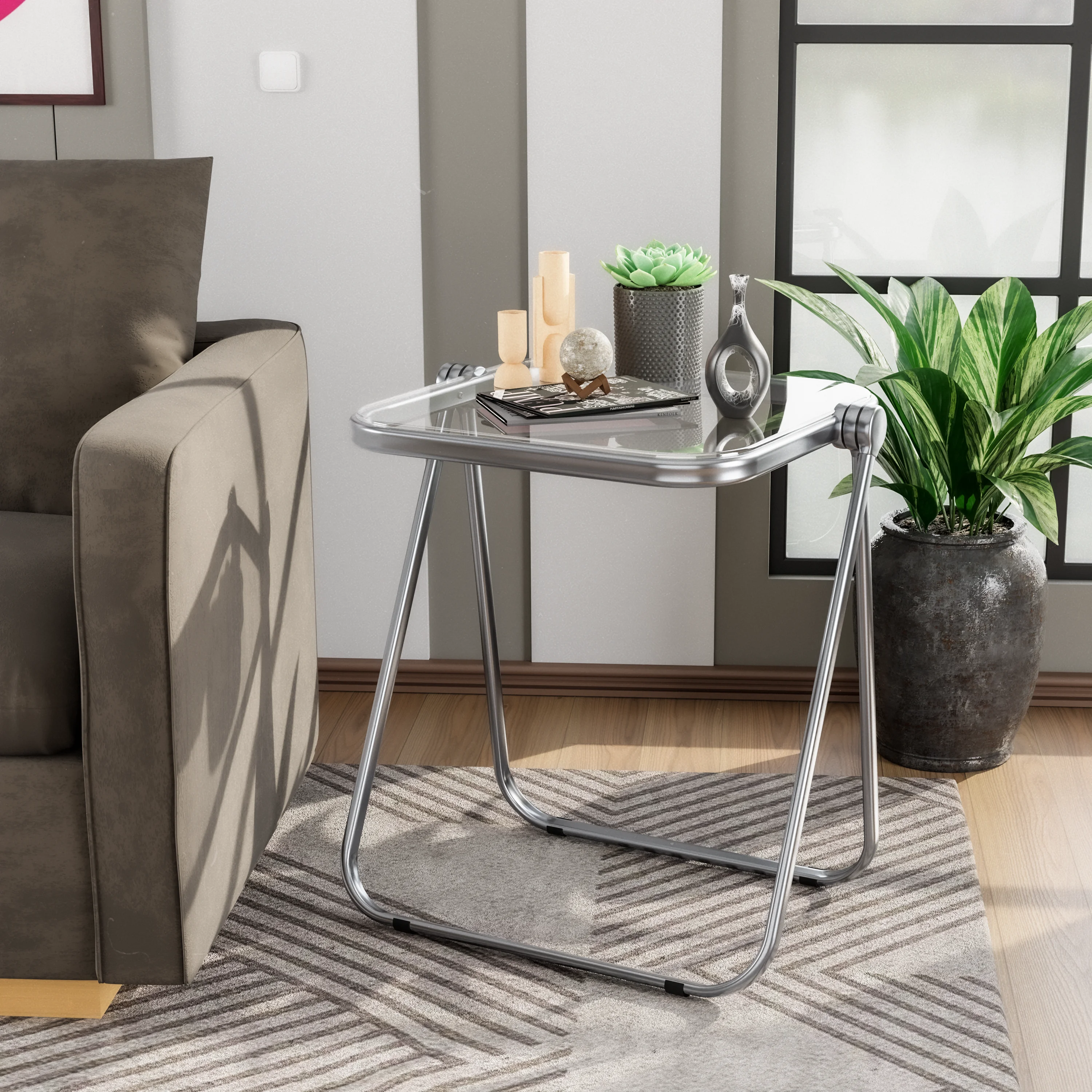 Lawrence Square Folding End Table with Plastic Top and Iron Frame in Clear