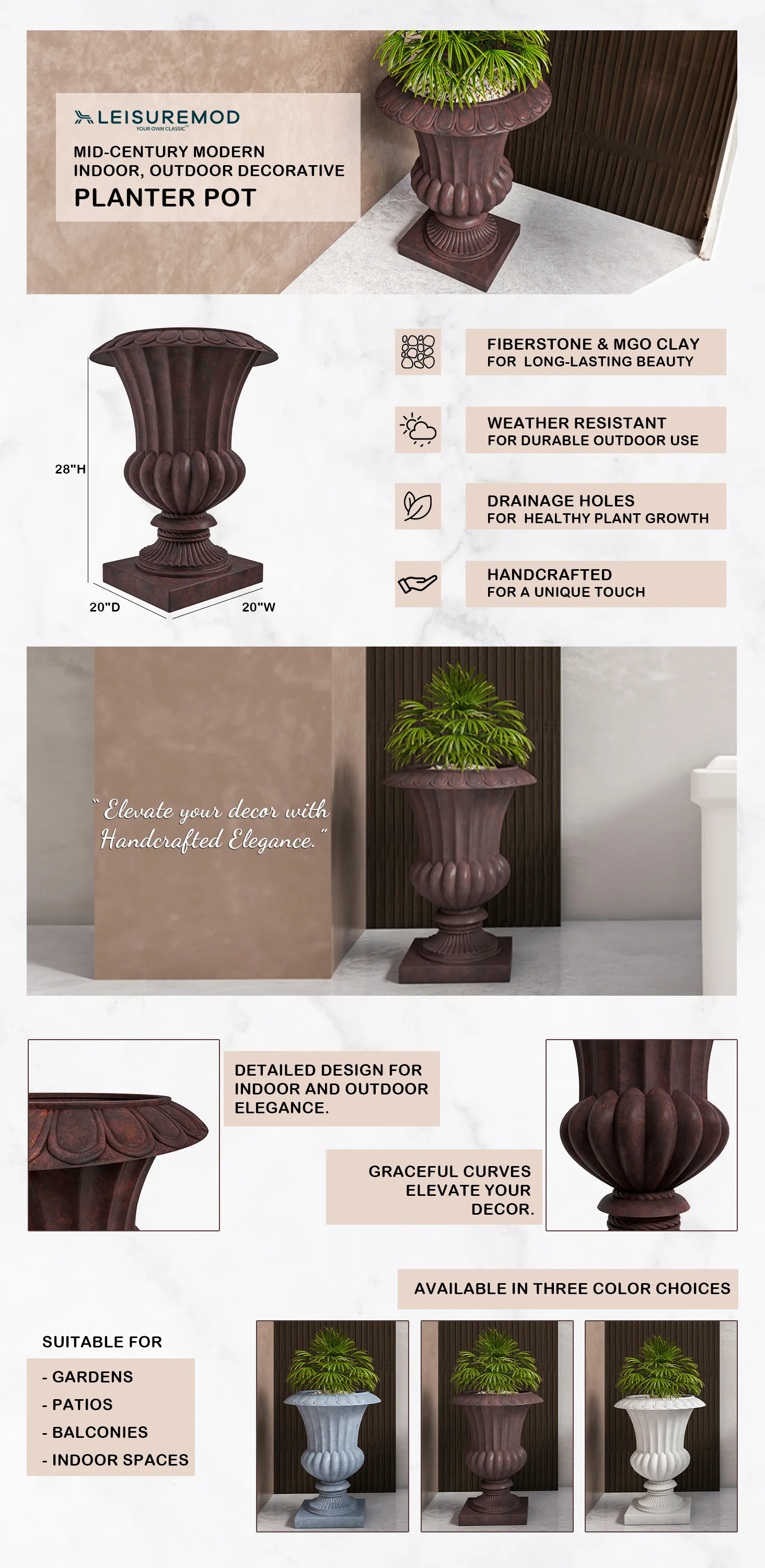 Lotus Series Poly Stone Planter in Brown, 20 Dia, 28 High