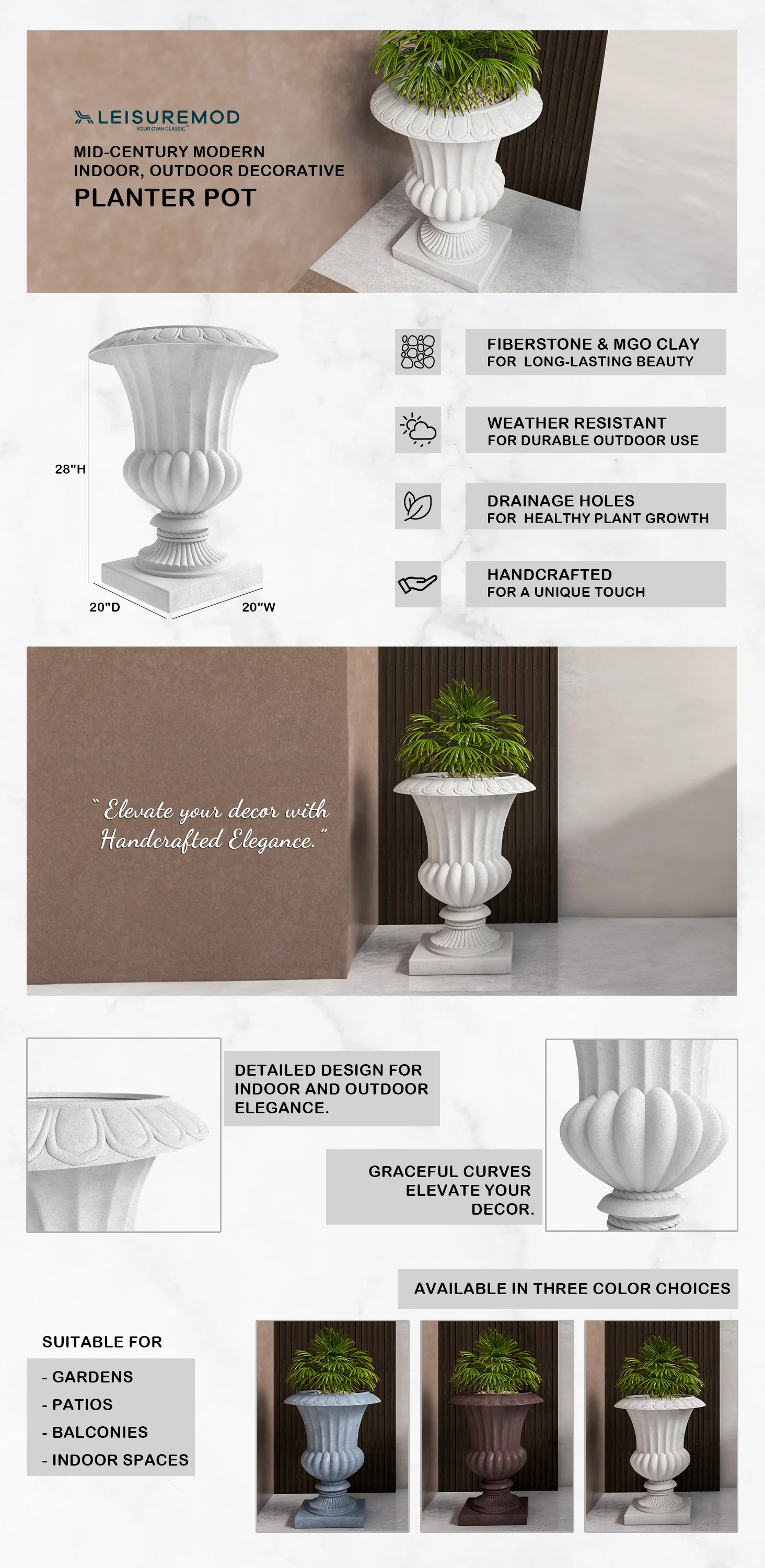 Lotus Series Poly Stone Planter in White, 20 Dia, 28 High