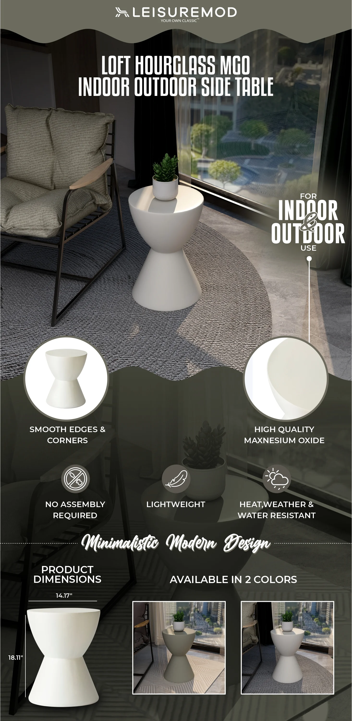 Loft Collection Fiberglass Outdoor Side Table in White